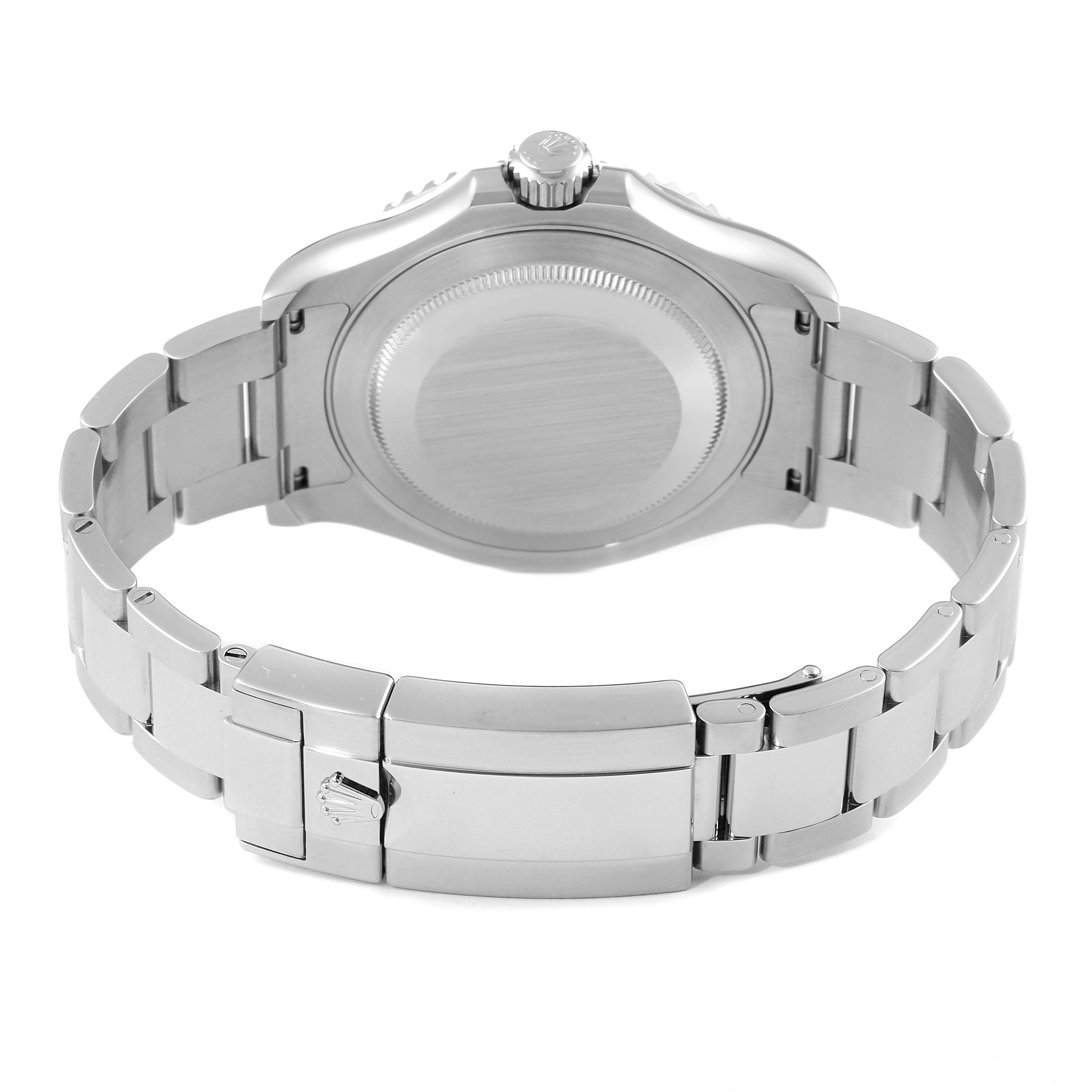 The image shows the back case and bracelet clasp of a Rolex Yacht-Master 116622 Men
s Stainless Steel Grey Dial 116622 Men
s Stainless Steel Grey Dial watch from a rear angle.