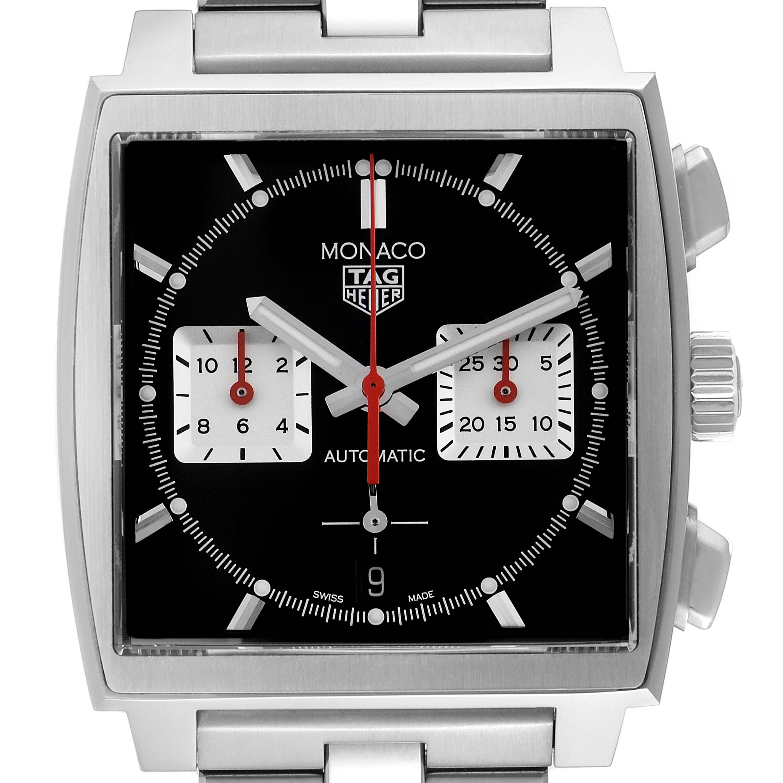 The image shows a frontal view of the Tag Heuer Monaco CBL2113 Men's Stainless Steel Black Dial CBL2113 Men's Stainless Steel Black Dial watch with a black dial and square face, featuring two subdials and a stainless steel bracelet.