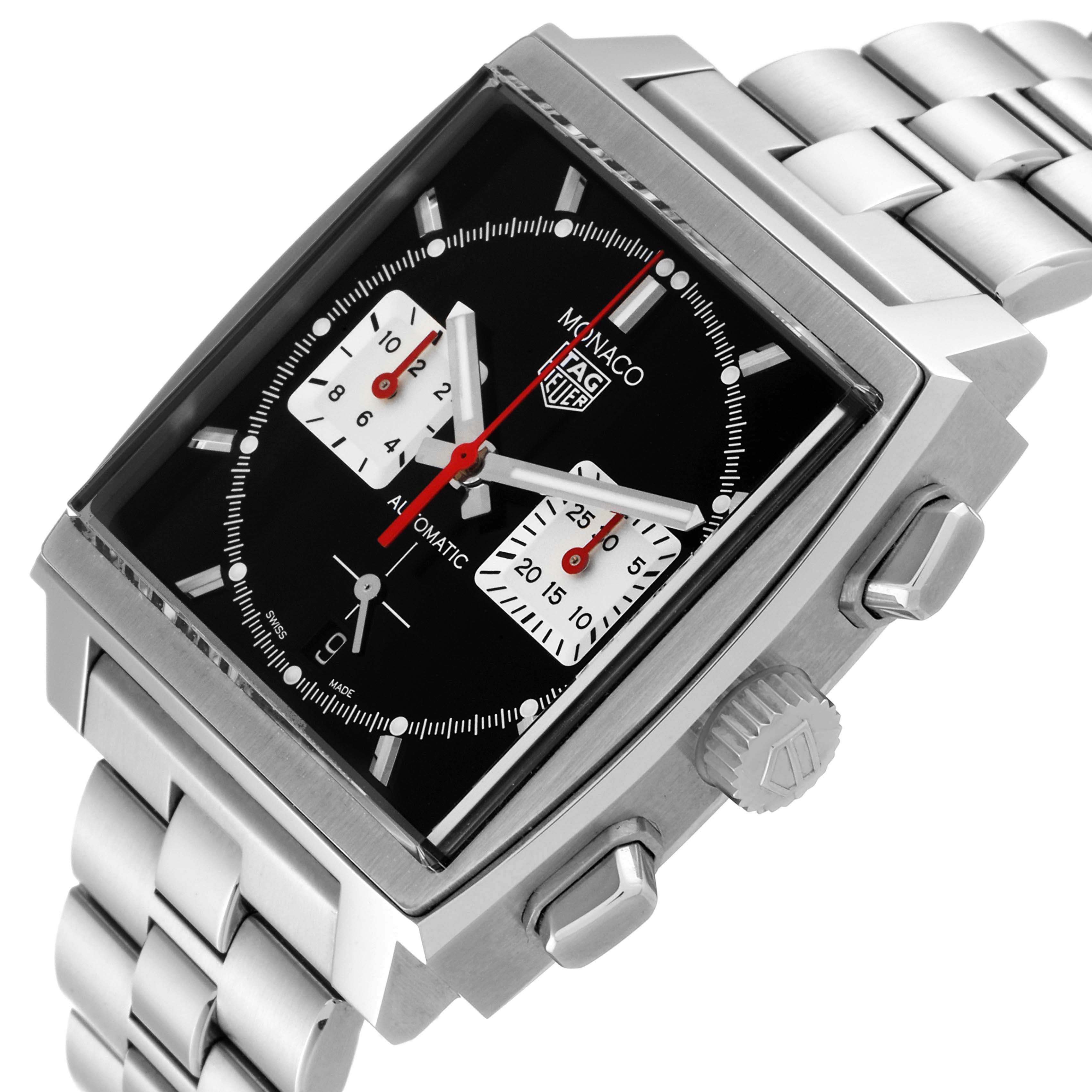 The image shows a Tag Heuer Monaco CBL2113 Men's Stainless Steel Black Dial CBL2113 Men's Stainless Steel Black Dial model watch from an angled view, highlighting its square face, dial, crown, and metal bracelet.
