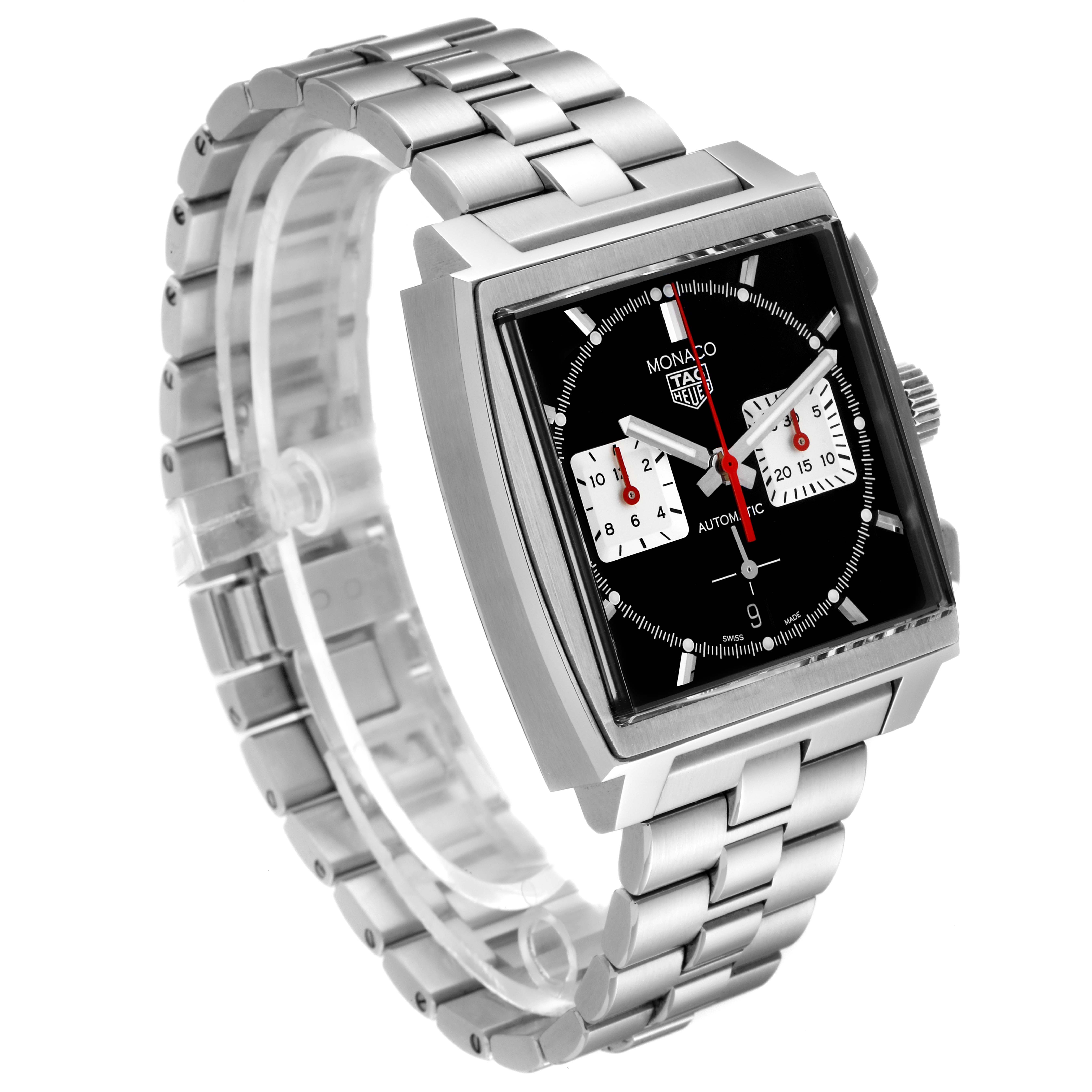 The image shows a Tag Heuer Monaco CBL2113 Men's Stainless Steel Black Dial CBL2113 Men's Stainless Steel Black Dial watch at a slight angle, displaying its square face, chronograph dials, and metal bracelet.