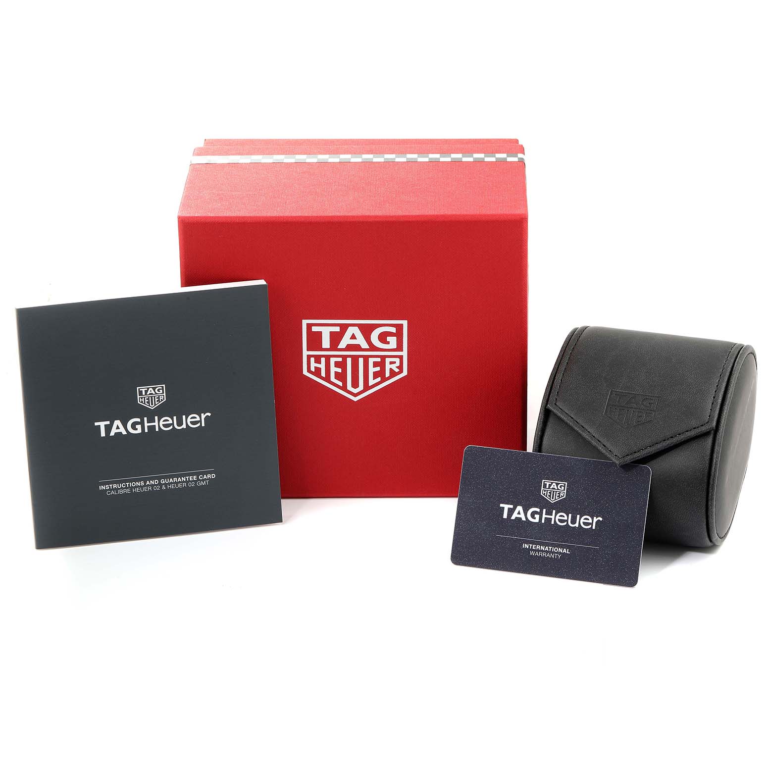 The image shows the Tag Heuer Monaco CBL2113 Men's Stainless Steel Black Dial CBL2113 Men's Stainless Steel Black Dial's box, warranty card, instruction manual, and carrying case.