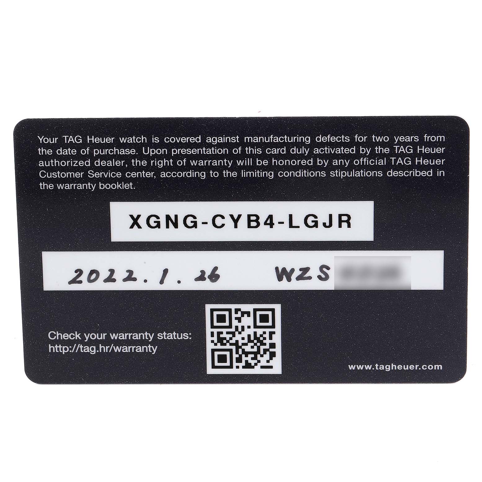 The image shows a warranty card for the Tag Heuer Monaco CBL2113 Men's Stainless Steel Black Dial CBL2113 Men's Stainless Steel Black Dial watch, displayed from a top-down perspective.