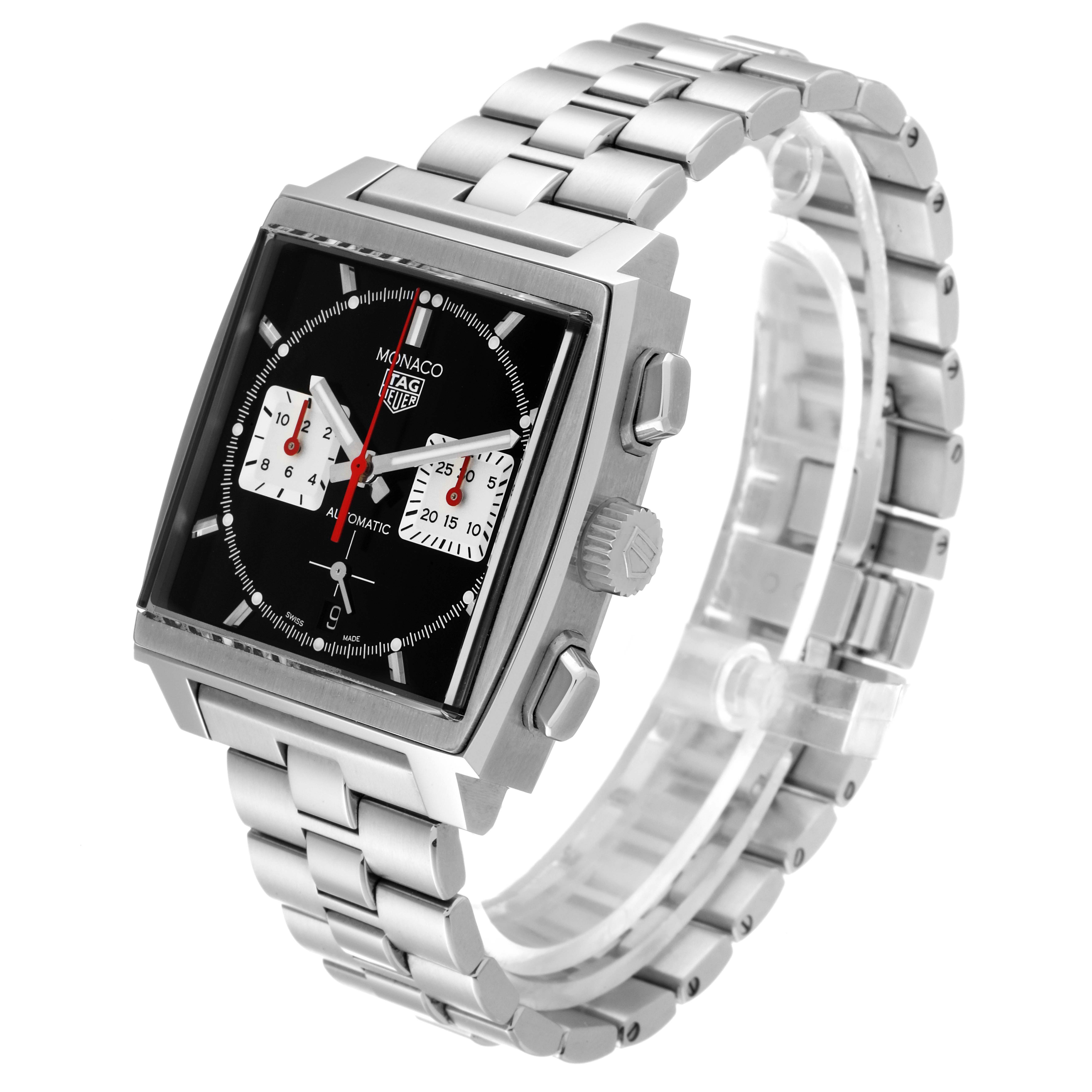The image shows a Tag Heuer Monaco CBL2113 Men's Stainless Steel Black Dial CBL2113 Men's Stainless Steel Black Dial watch at an angle highlighting the face, bezel, crown, chronograph buttons, and metal bracelet.
