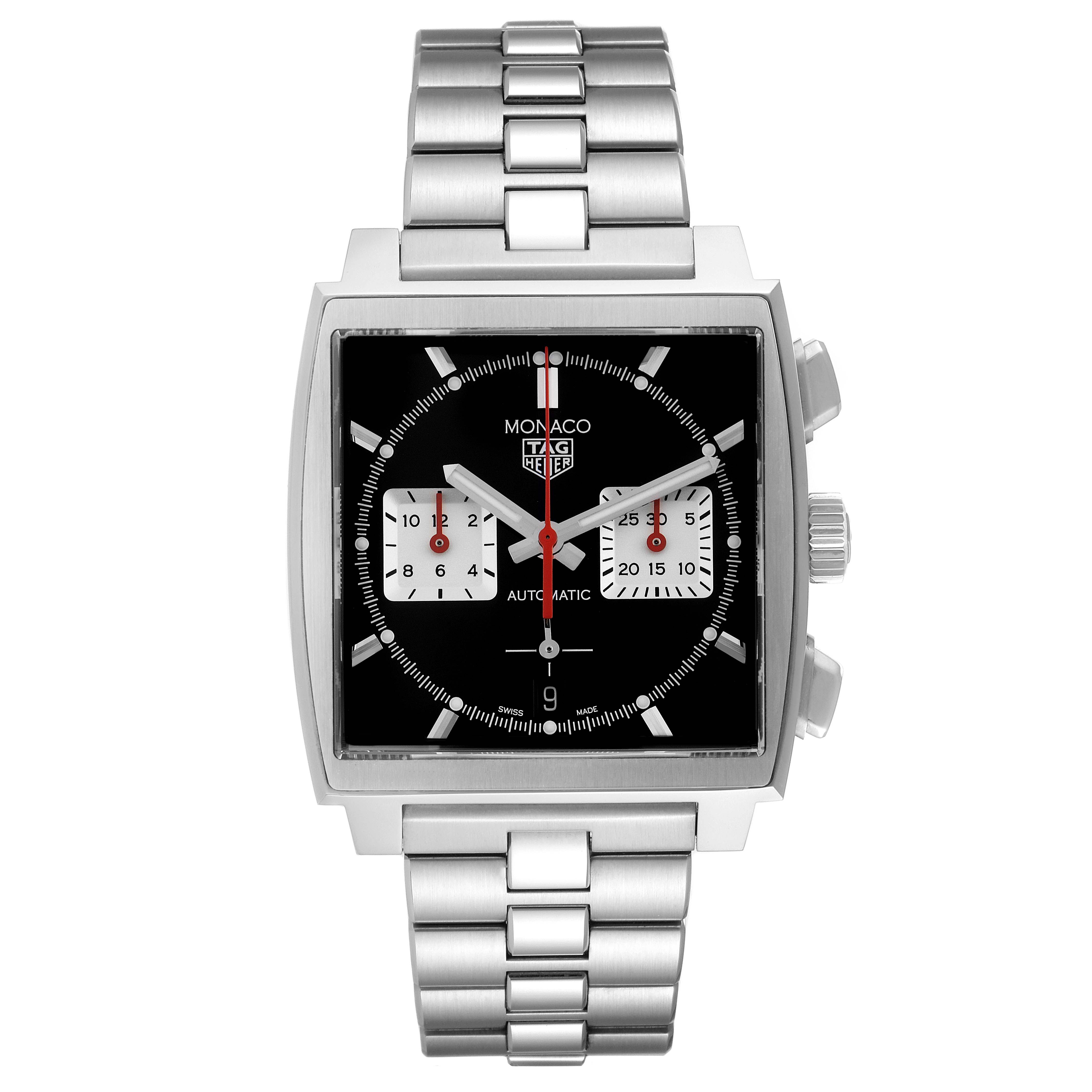 The image shows a front view of a Tag Heuer Monaco CBL2113 Men's Stainless Steel Black Dial CBL2113 Men's Stainless Steel Black Dial watch, highlighting its square face, chronograph dials, and metal bracelet.