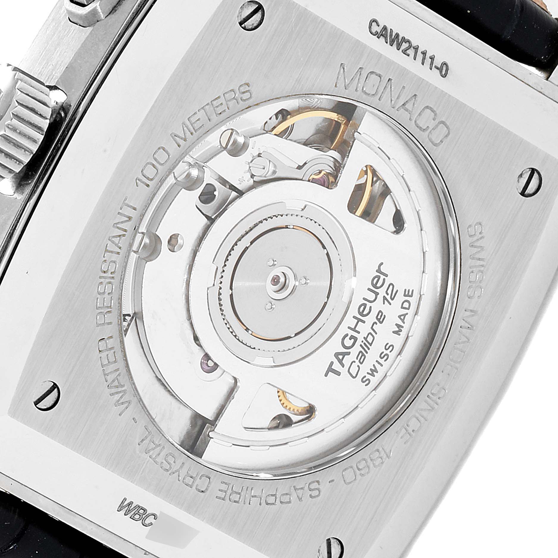 This image shows the back view of a Tag Heuer Monaco CAW2111 Men's Steel and Gold (two tone) Blue Dial CAW2111 Men's Steel and Gold (two tone) Blue Dial watch, featuring its inner mechanical components.