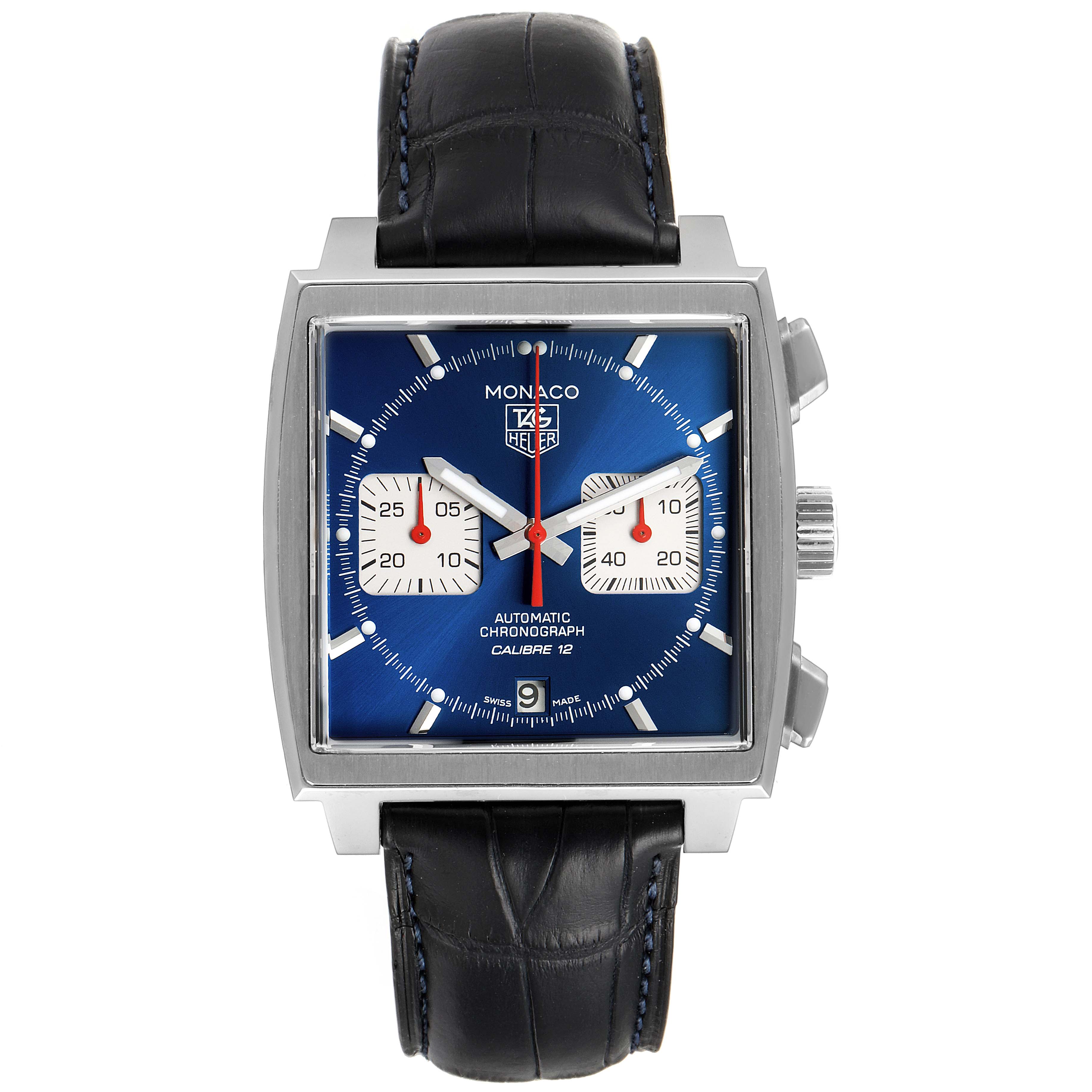 The image shows a front view of the Tag Heuer Monaco CAW2111 Men's Steel and Gold (two tone) Blue Dial CAW2111 Men's Steel and Gold (two tone) Blue Dial watch, featuring a blue dial, square case, and black leather strap.
