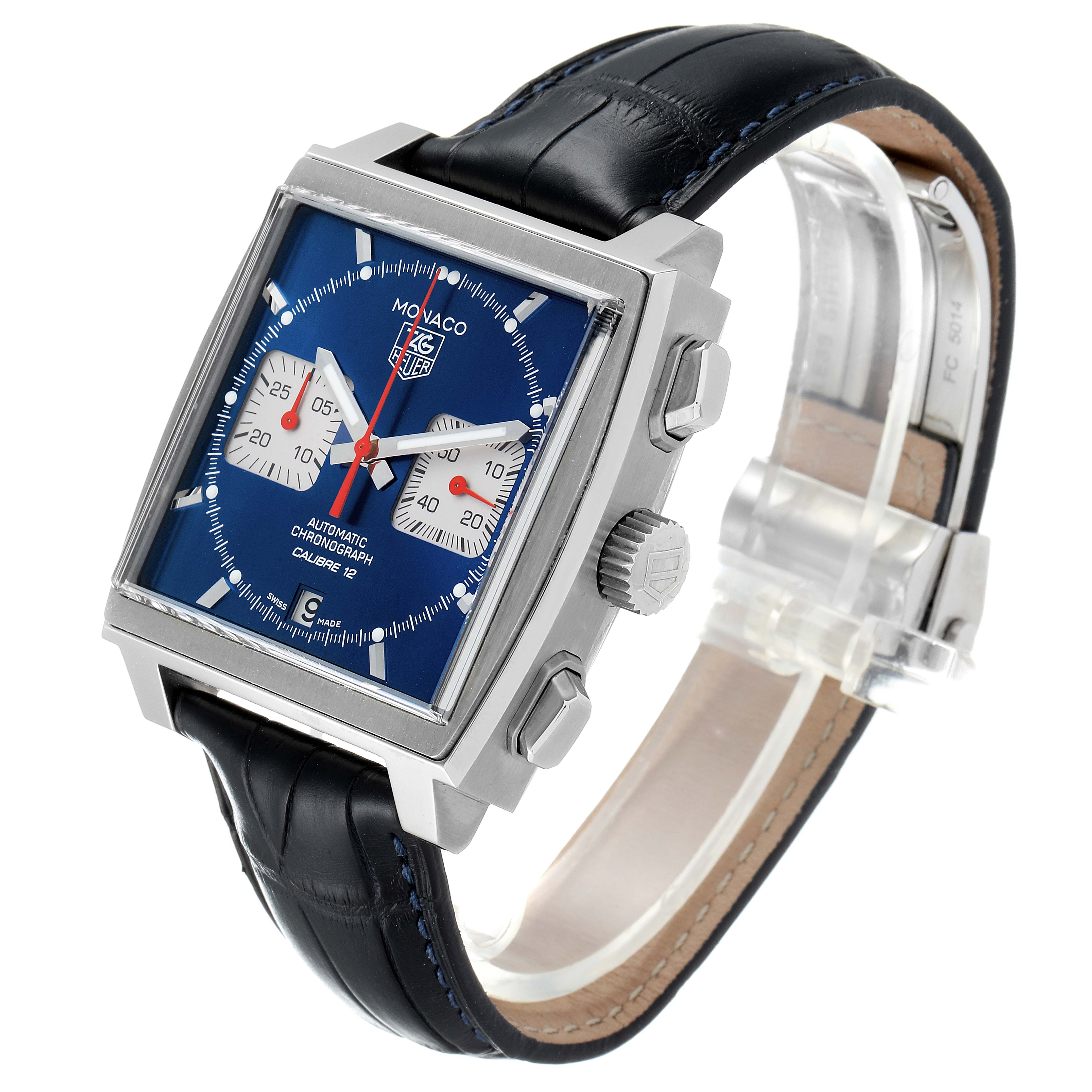 The Tag Heuer Monaco CAW2111 Men's Steel and Gold (two tone) Blue Dial CAW2111 Men's Steel and Gold (two tone) Blue Dial watch is shown at a slight angle, highlighting the face, side buttons, and leather strap.