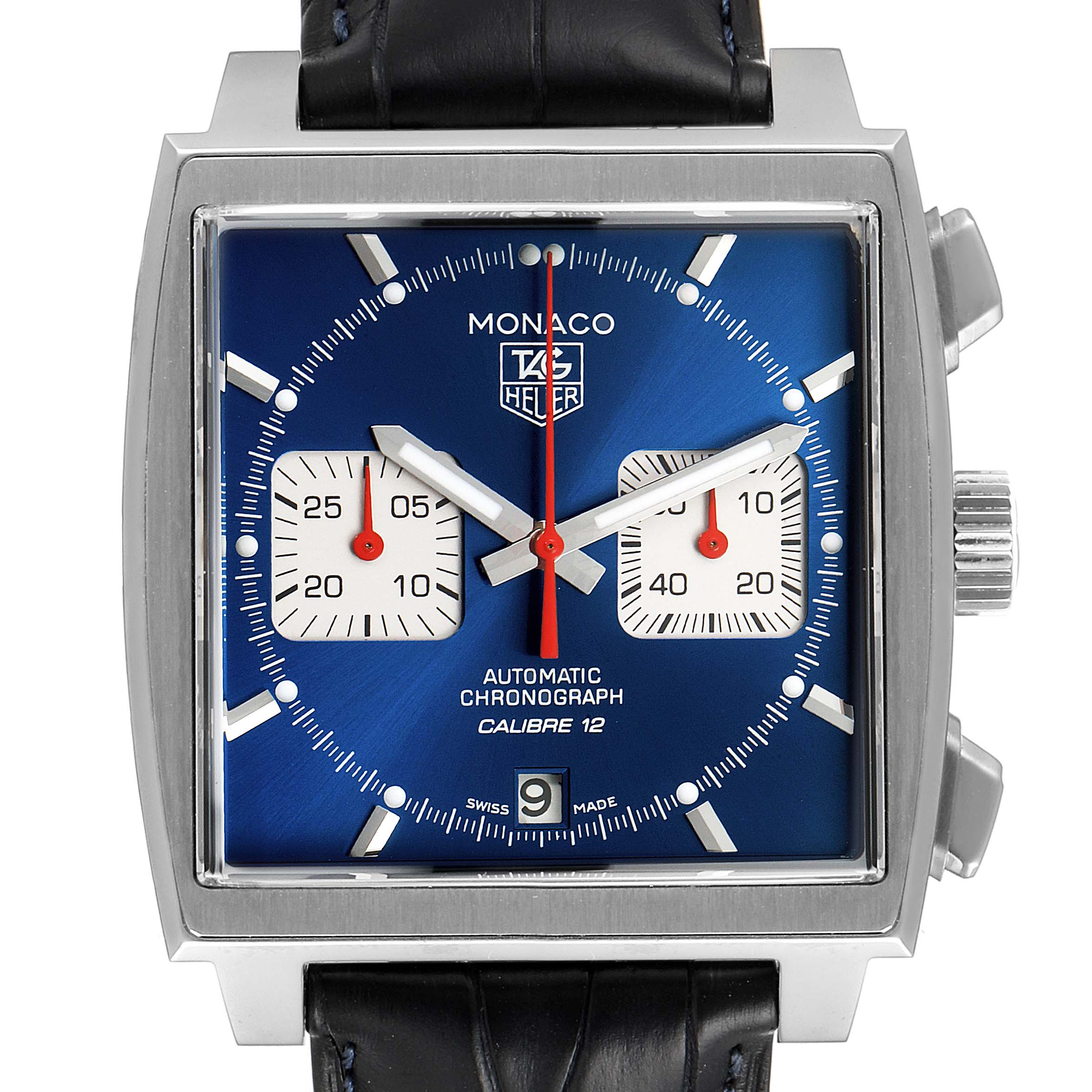 This image shows the front view of a Tag Heuer Monaco CAW2111 Men's Steel and Gold (two tone) Blue Dial CAW2111 Men's Steel and Gold (two tone) Blue Dial watch, highlighting its face, dial, and case.