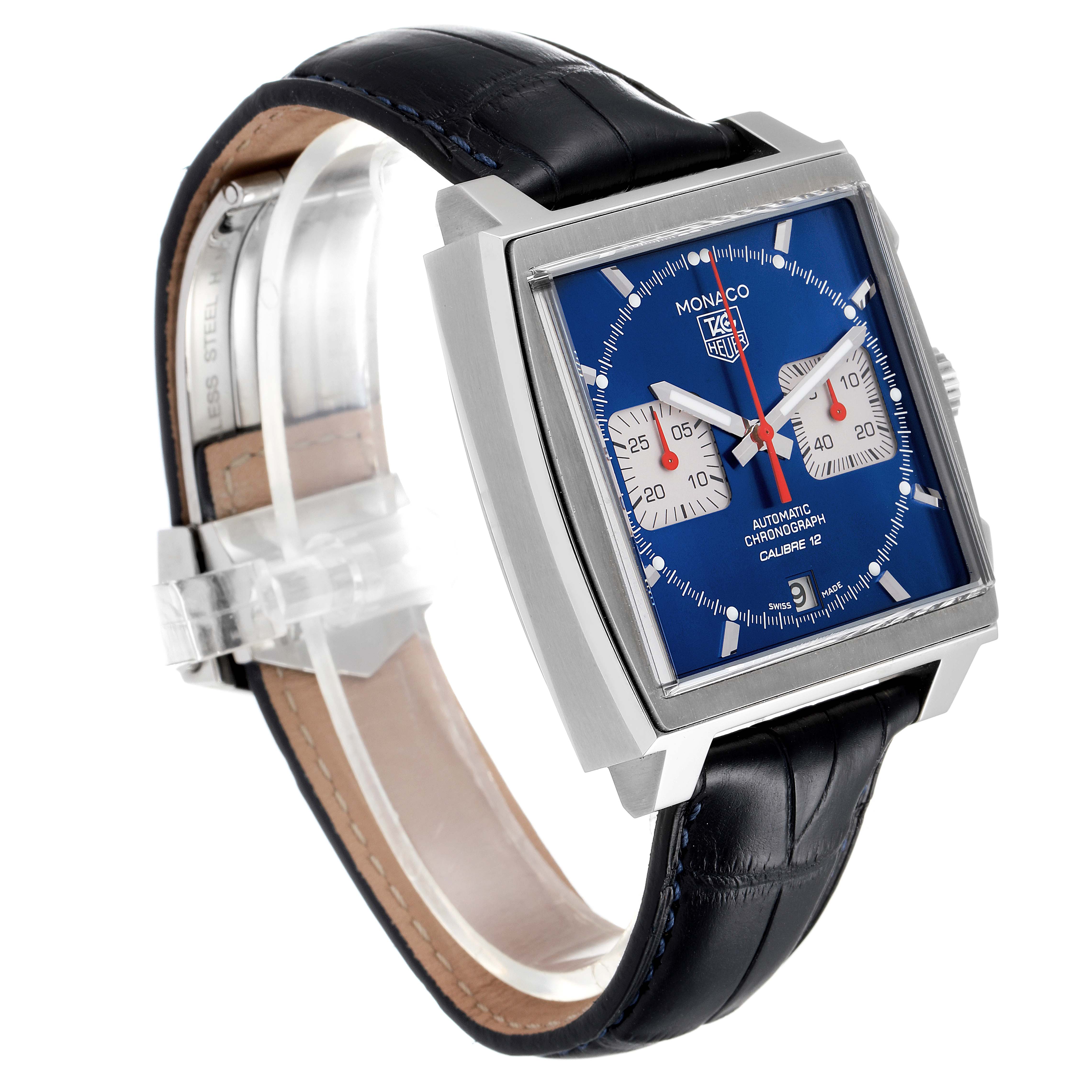 The image shows a Tag Heuer Monaco CAW2111 Men's Steel and Gold (two tone) Blue Dial CAW2111 Men's Steel and Gold (two tone) Blue Dial watch from a 3/4 front angle, highlighting its blue square dial and black leather strap.