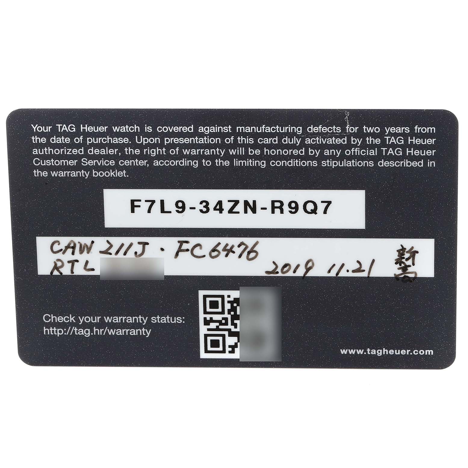 This image shows a warranty card for a TAG Heuer Monaco watch, detailing model and serial numbers.