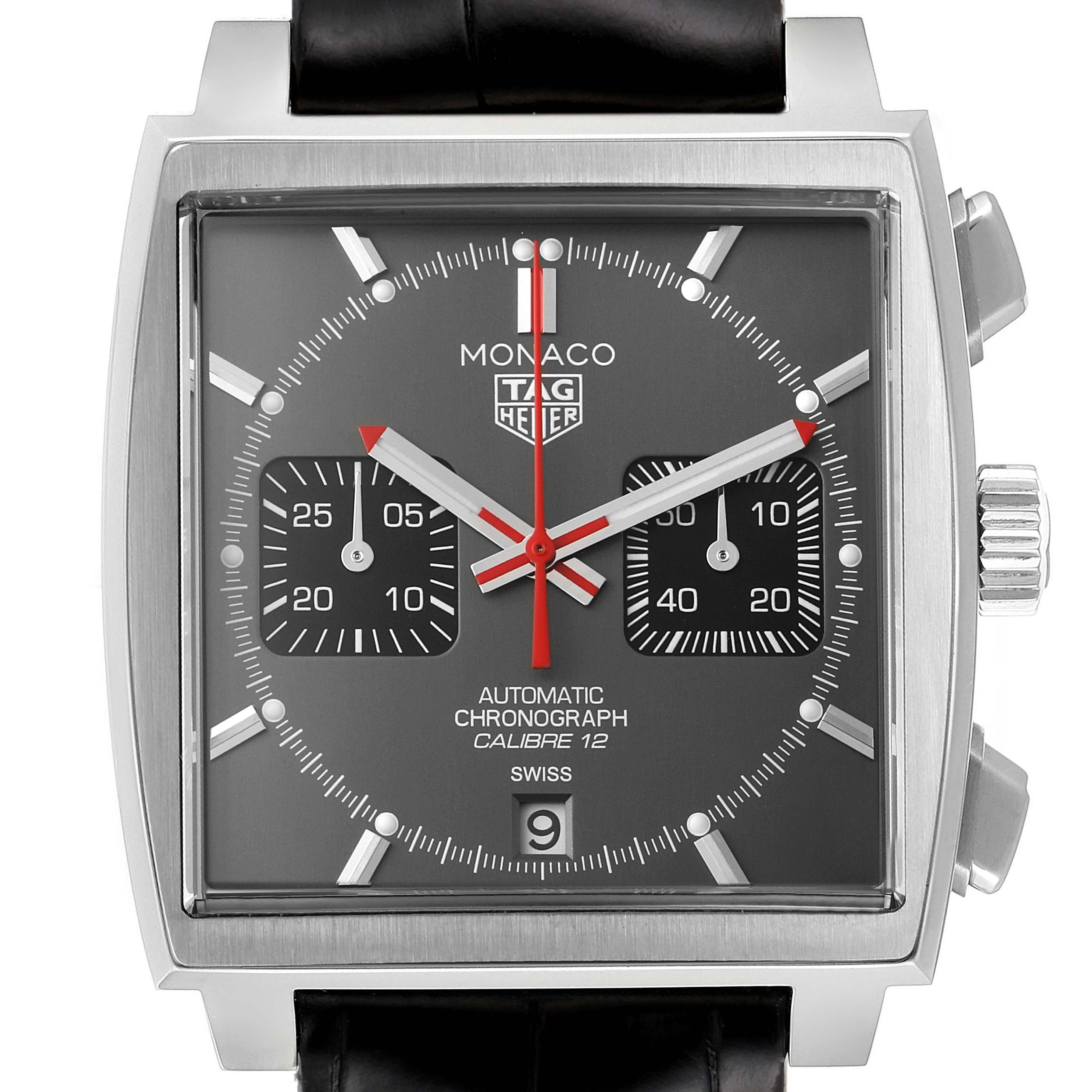 The image shows the front view of the Tag Heuer Monaco Limited Edition watch with its chronograph dial and date indicator.