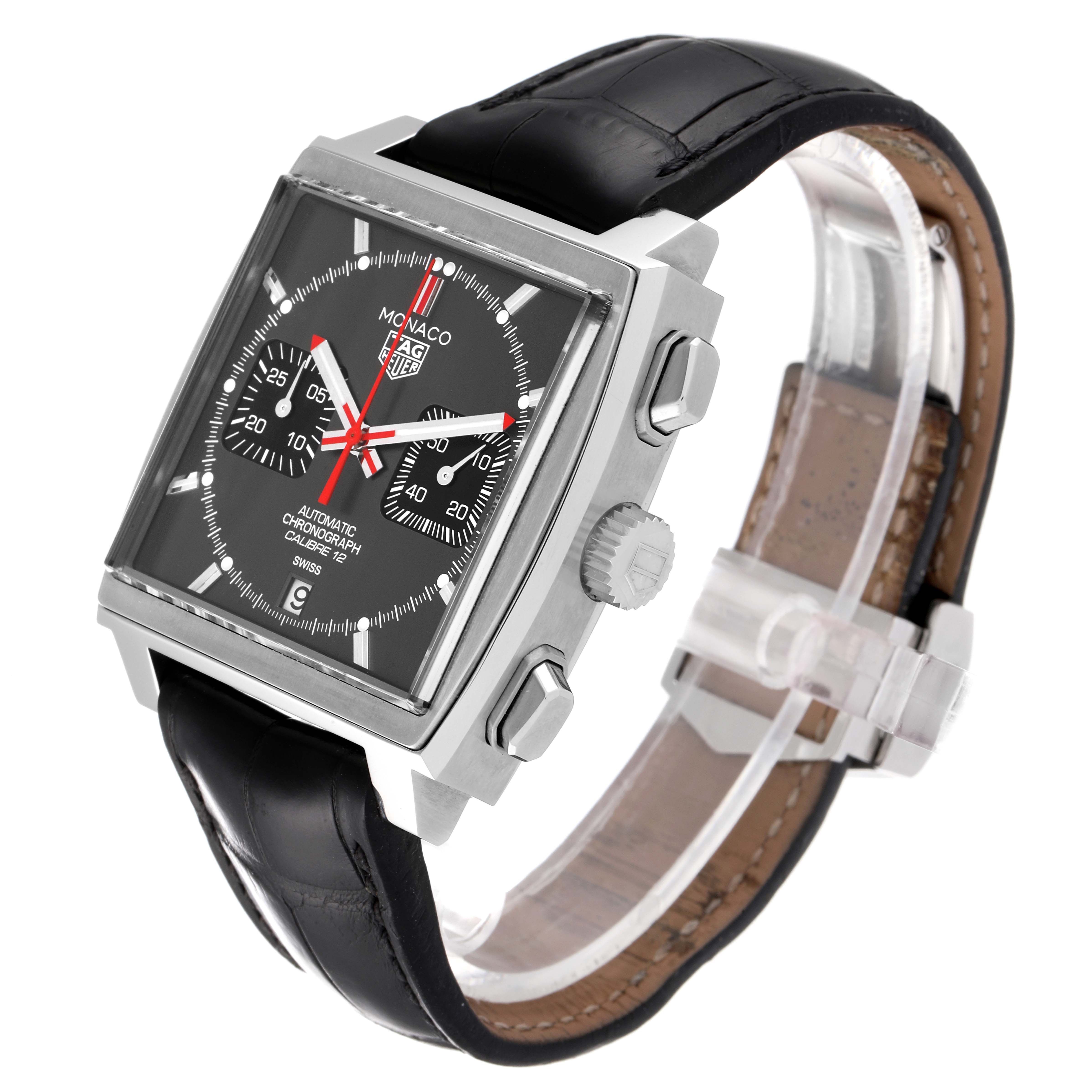 This image shows a Tag Heuer Monaco watch at a front-side angle, highlighting its face, strap, and side buttons.