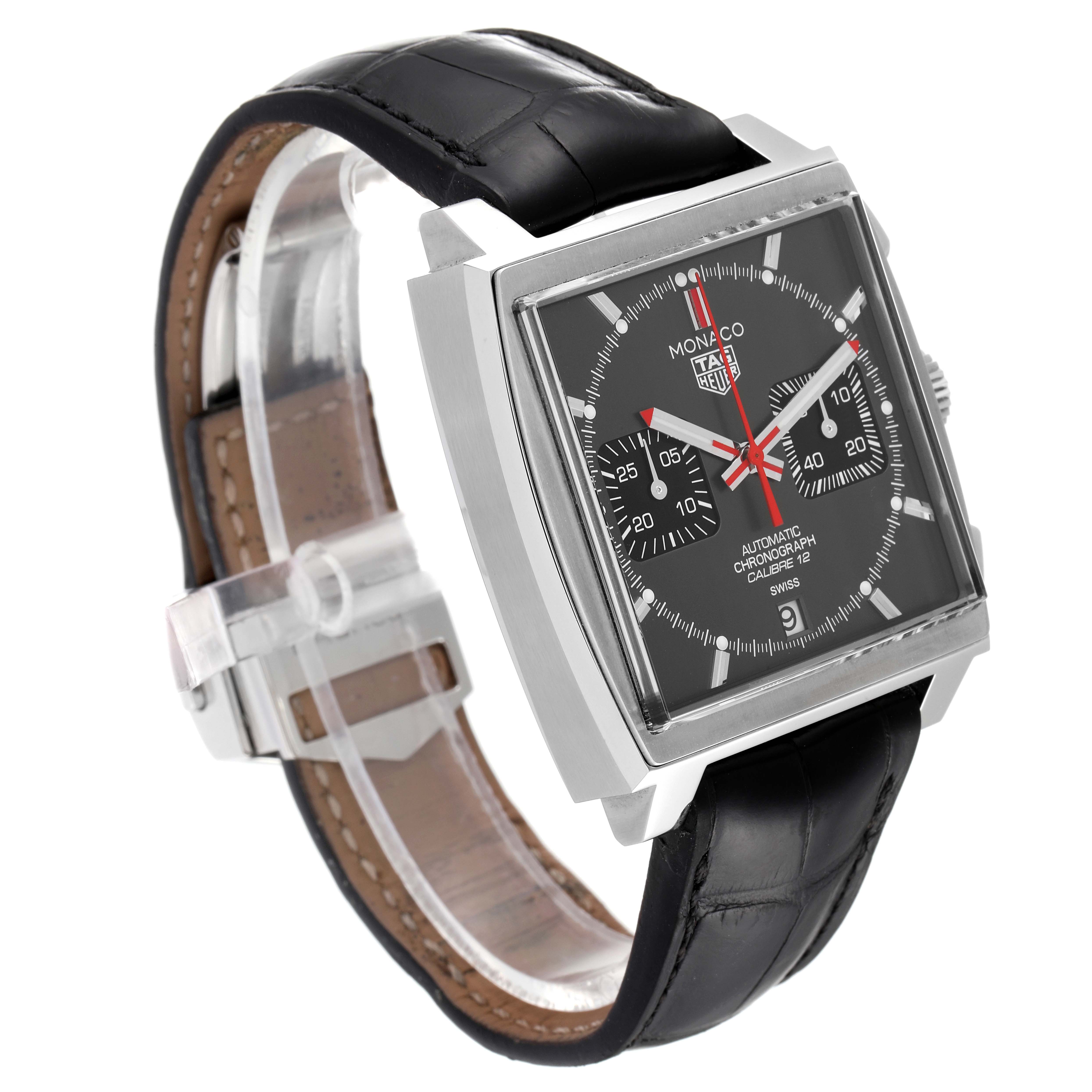 This image shows a side angle view of the Tag Heuer Monaco watch with a black leather strap and square face.