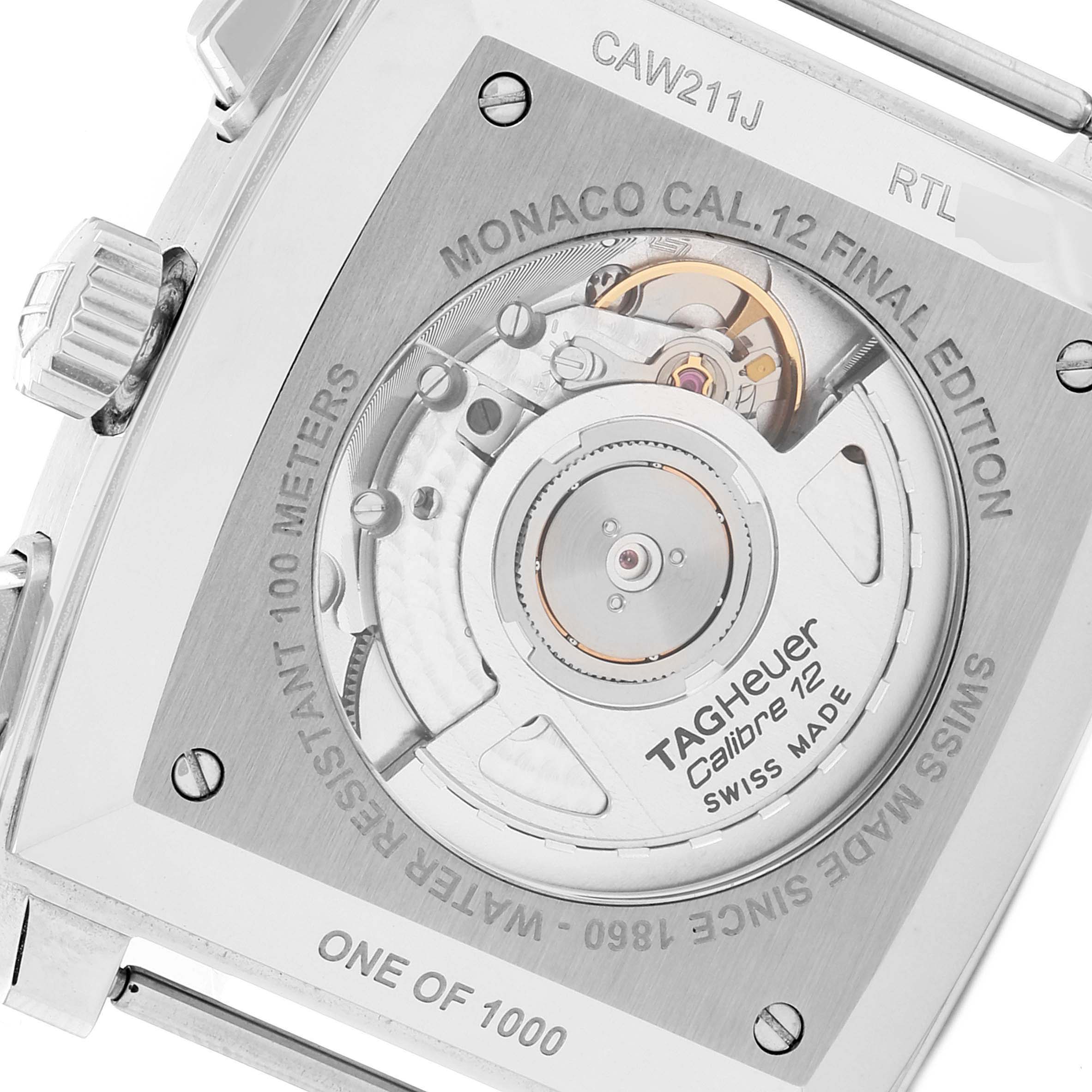 The image shows the case back of a Tag Heuer Monaco Calibre 12 Final Edition watch, revealing its movement and inscriptions.