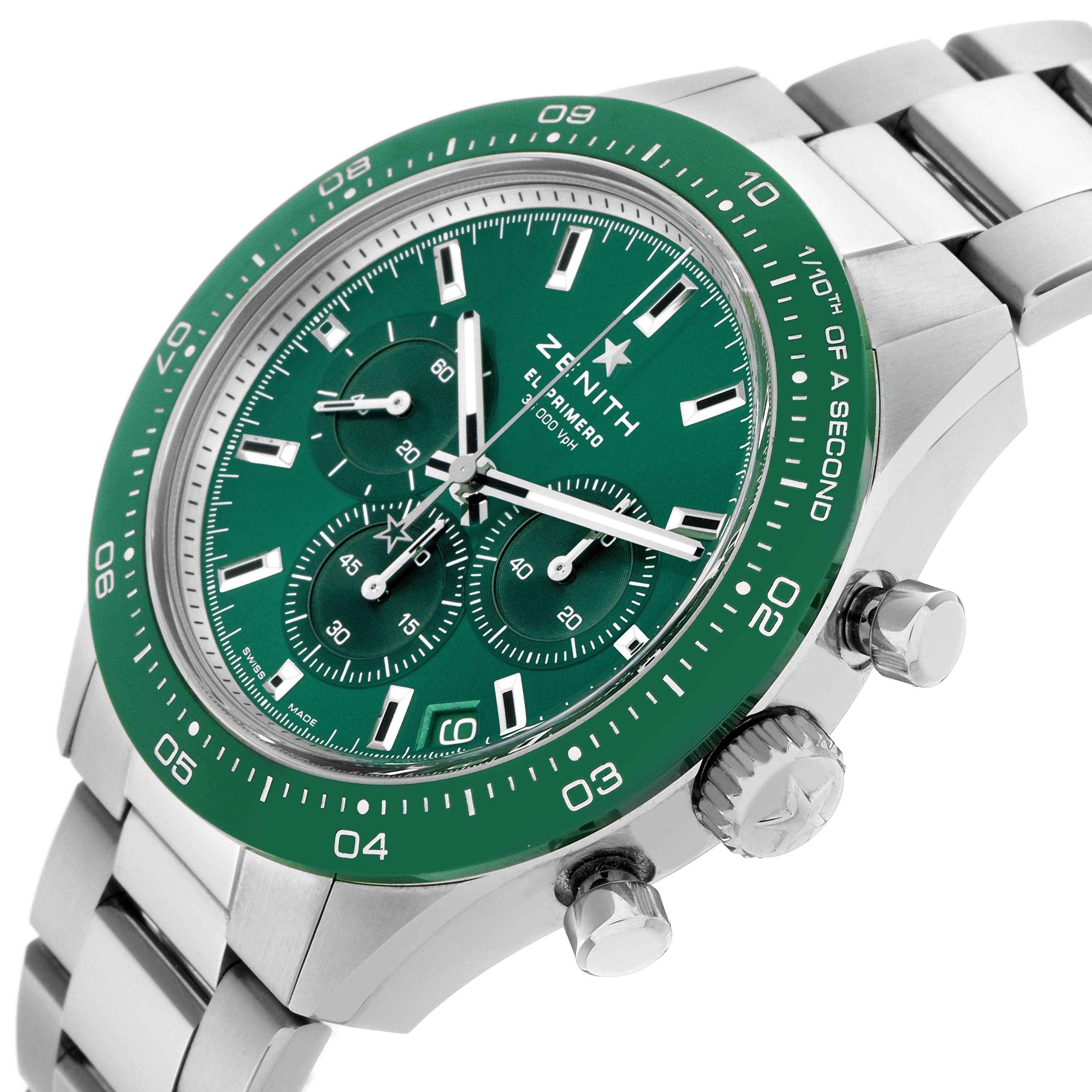 The Zenith Chronomaster 03.3107.3600/56.M3100 Men
s Stainless Steel Green Dial 03.3107.3600/56.M3100 Men
s Stainless Steel Green Dial watch is shown at a three-quarter angle, highlighting the green dial, bezel, pushers, and bracelet.