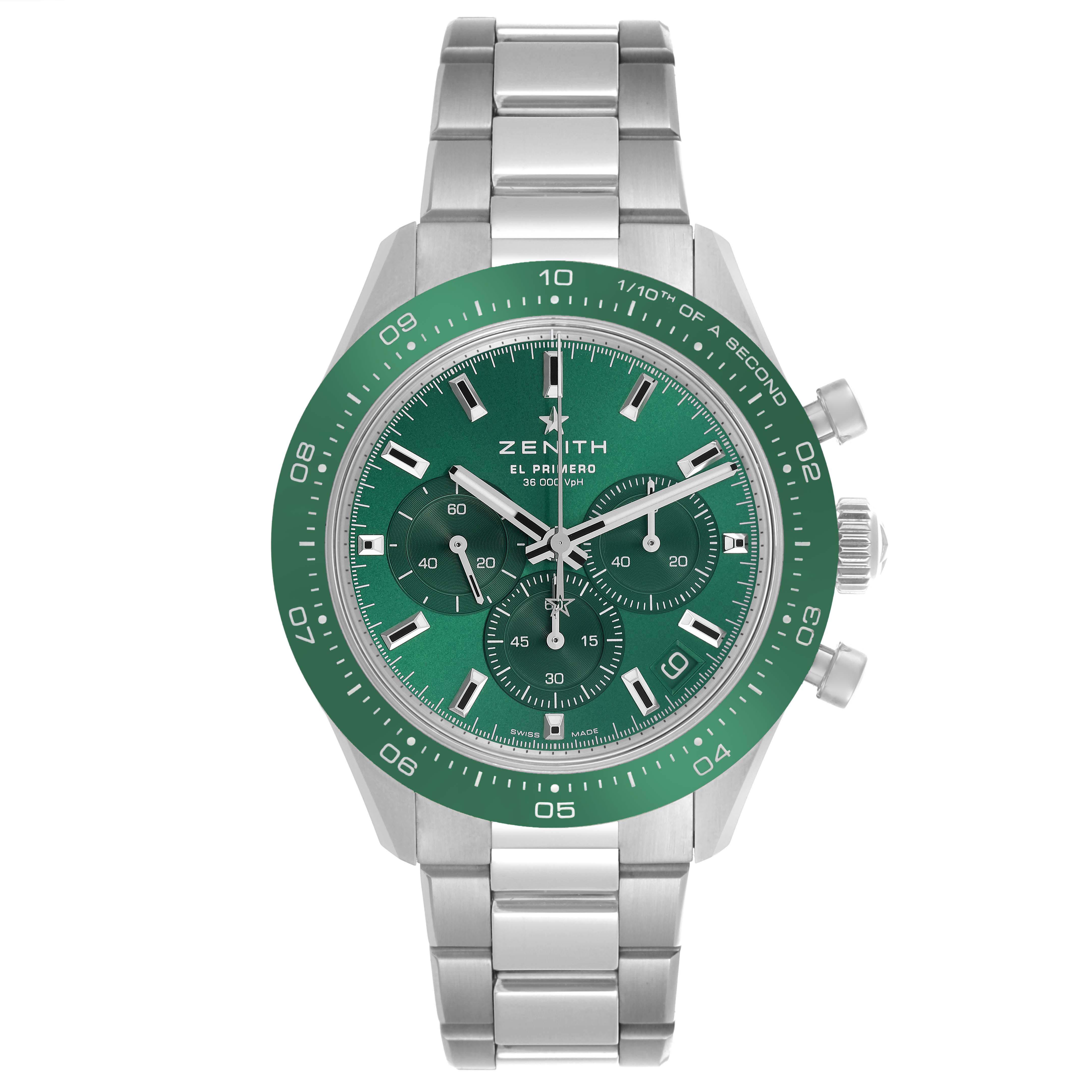 The Zenith Chronomaster 03.3107.3600/56.M3100 Men
s Stainless Steel Green Dial 03.3107.3600/56.M3100 Men
s Stainless Steel Green Dial watch is shown from the front, displaying its bracelet, green bezel, and dial with subdials.