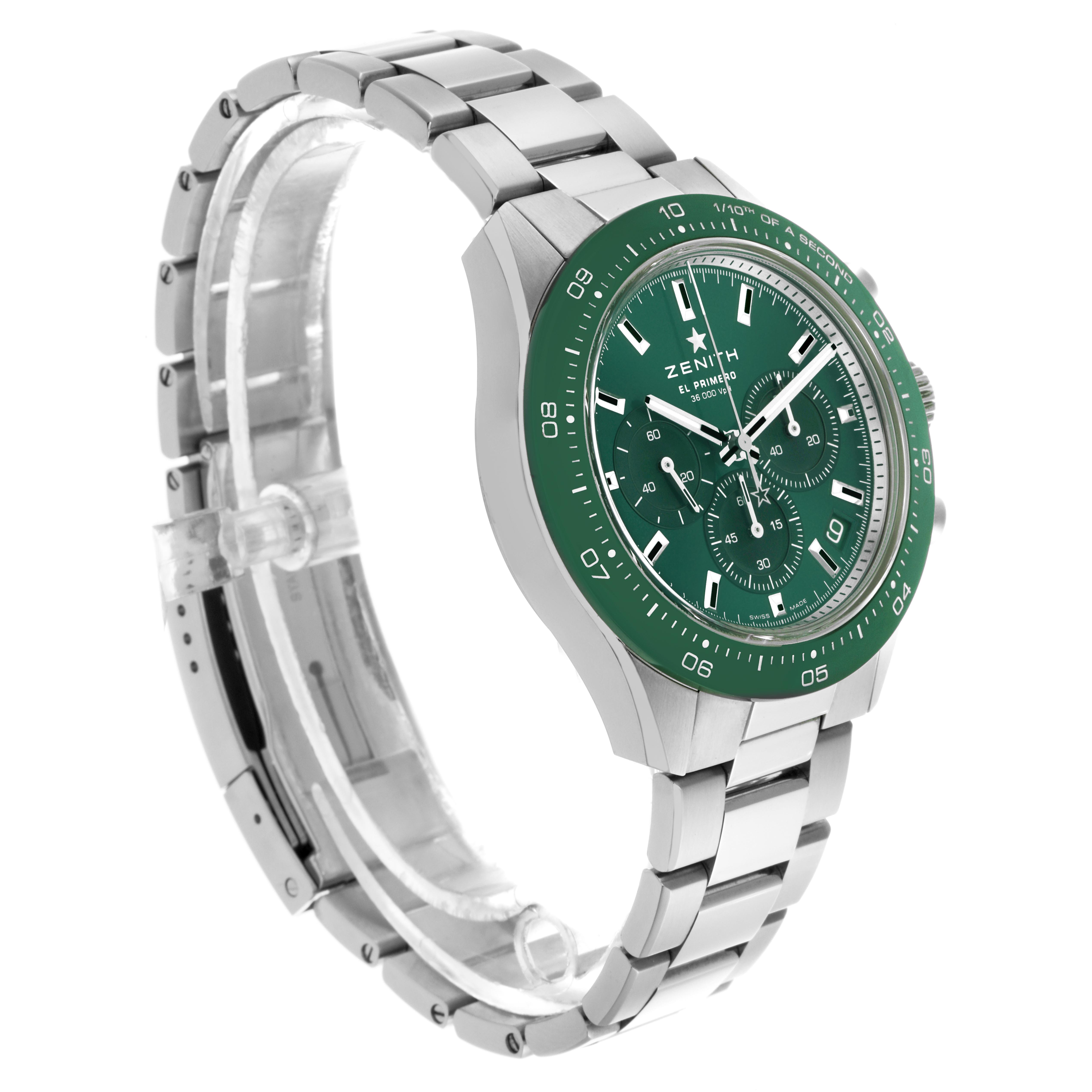 The Zenith Chronomaster 03.3107.3600/56.M3100 Men
s Stainless Steel Green Dial 03.3107.3600/56.M3100 Men
s Stainless Steel Green Dial watch is shown at a three-quarter angle, highlighting the green bezel, dial, and stainless steel bracelet.
