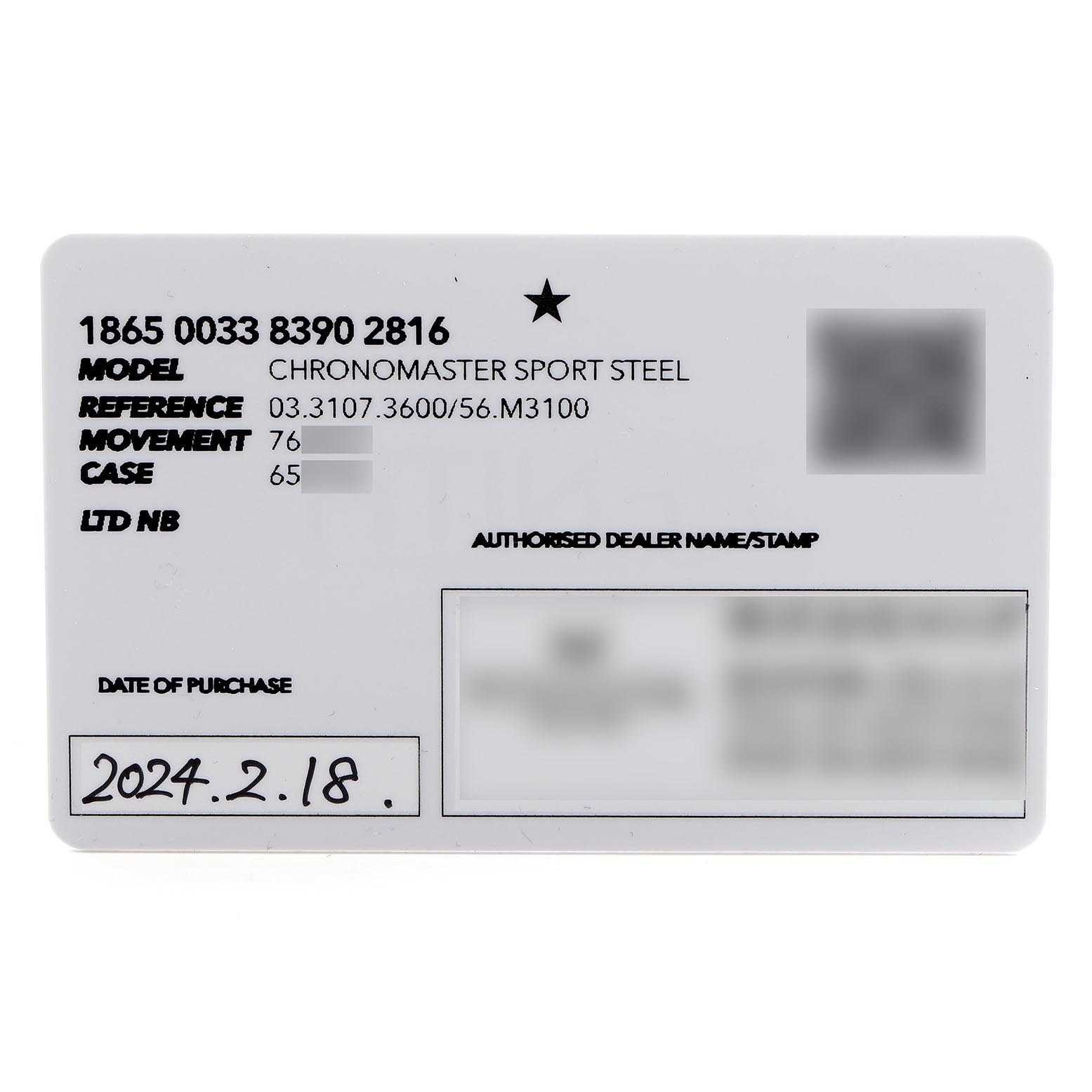 The image shows the warranty card for a Zenith Chronomaster 03.3107.3600/56.M3100 Men
s Stainless Steel Green Dial 03.3107.3600/56.M3100 Men
s Stainless Steel Green Dial model, displaying model details and purchase date.