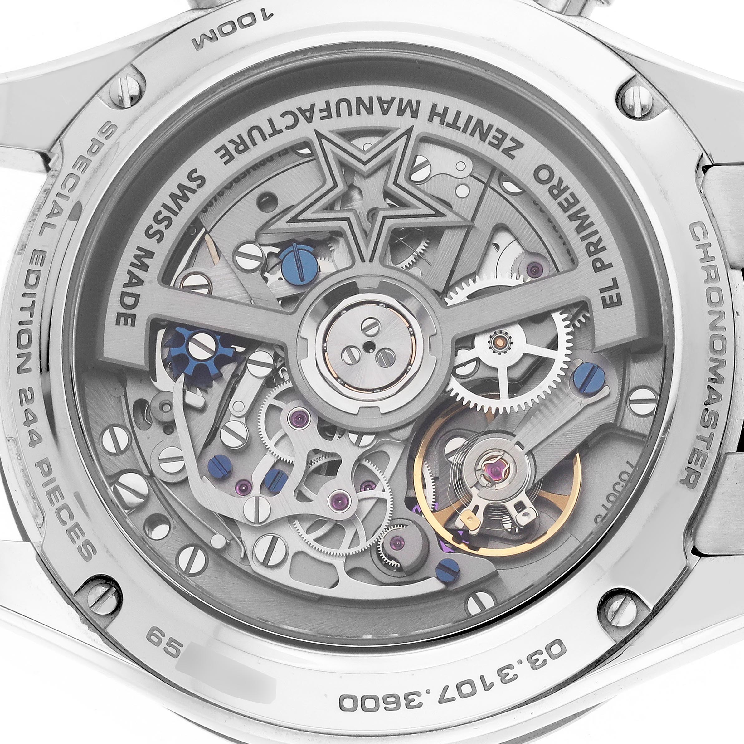 The image shows the back view of a Zenith Chronomaster 03.3107.3600/56.M3100 Men
s Stainless Steel Green Dial 03.3107.3600/56.M3100 Men
s Stainless Steel Green Dial watch, highlighting its intricate mechanical movement.