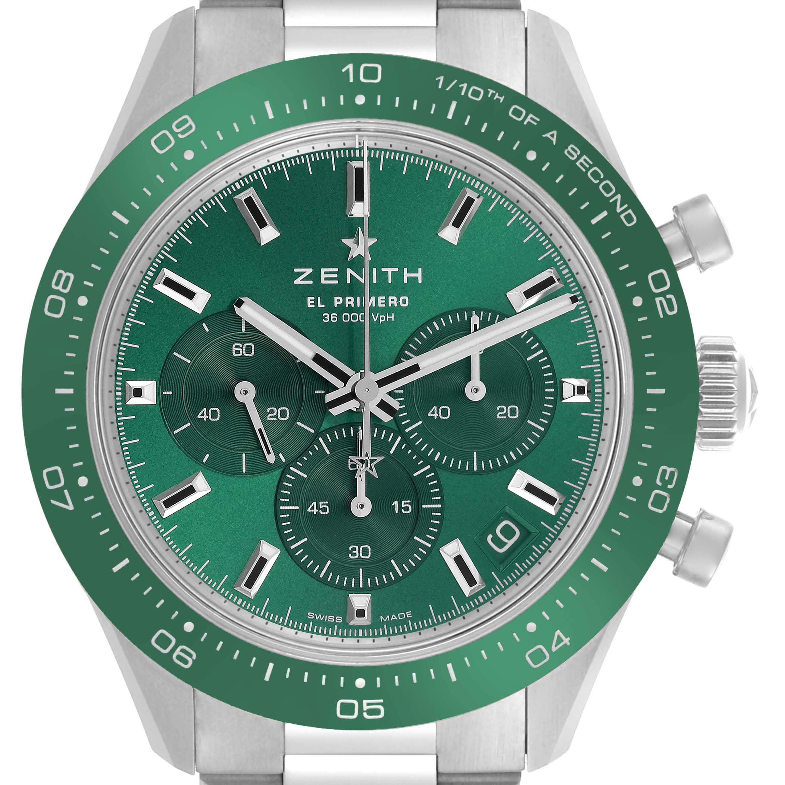 The Zenith Chronomaster 03.3107.3600/56.M3100 Men
s Stainless Steel Green Dial 03.3107.3600/56.M3100 Men
s Stainless Steel Green Dial watch is shown from the front, displaying its green dial and bezel, along with subdials and side crown.