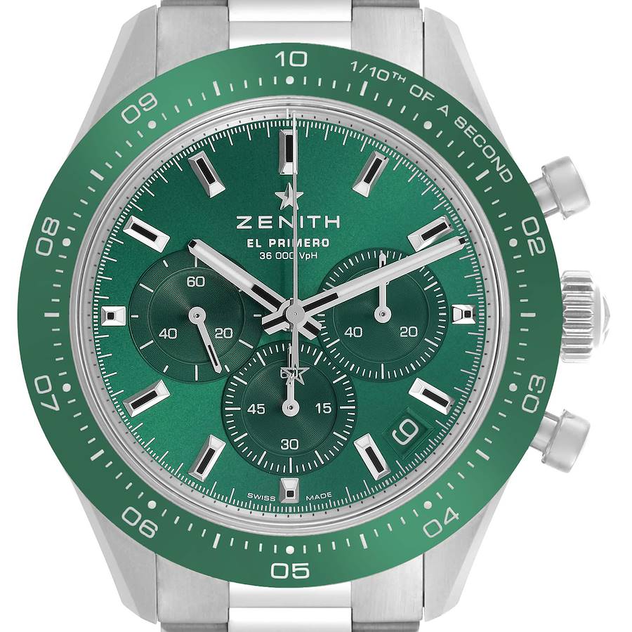 The Zenith Chronomaster watch is shown from the front, displaying its green dial and bezel, along with subdials and side crown.