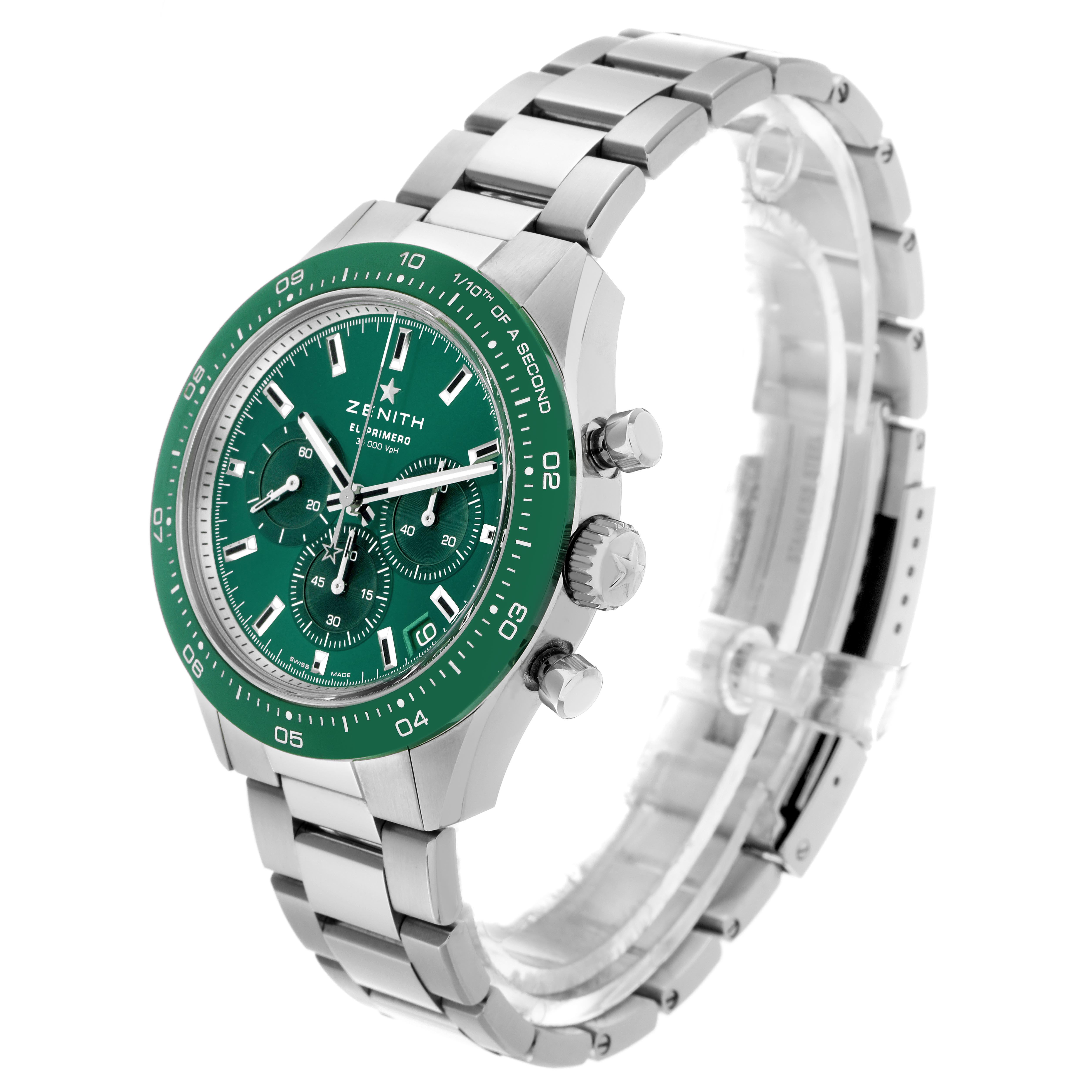The Zenith Chronomaster 03.3107.3600/56.M3100 Men
s Stainless Steel Green Dial 03.3107.3600/56.M3100 Men
s Stainless Steel Green Dial is shown at a three-quarter angle, displaying the face, bracelet, and side pushers.