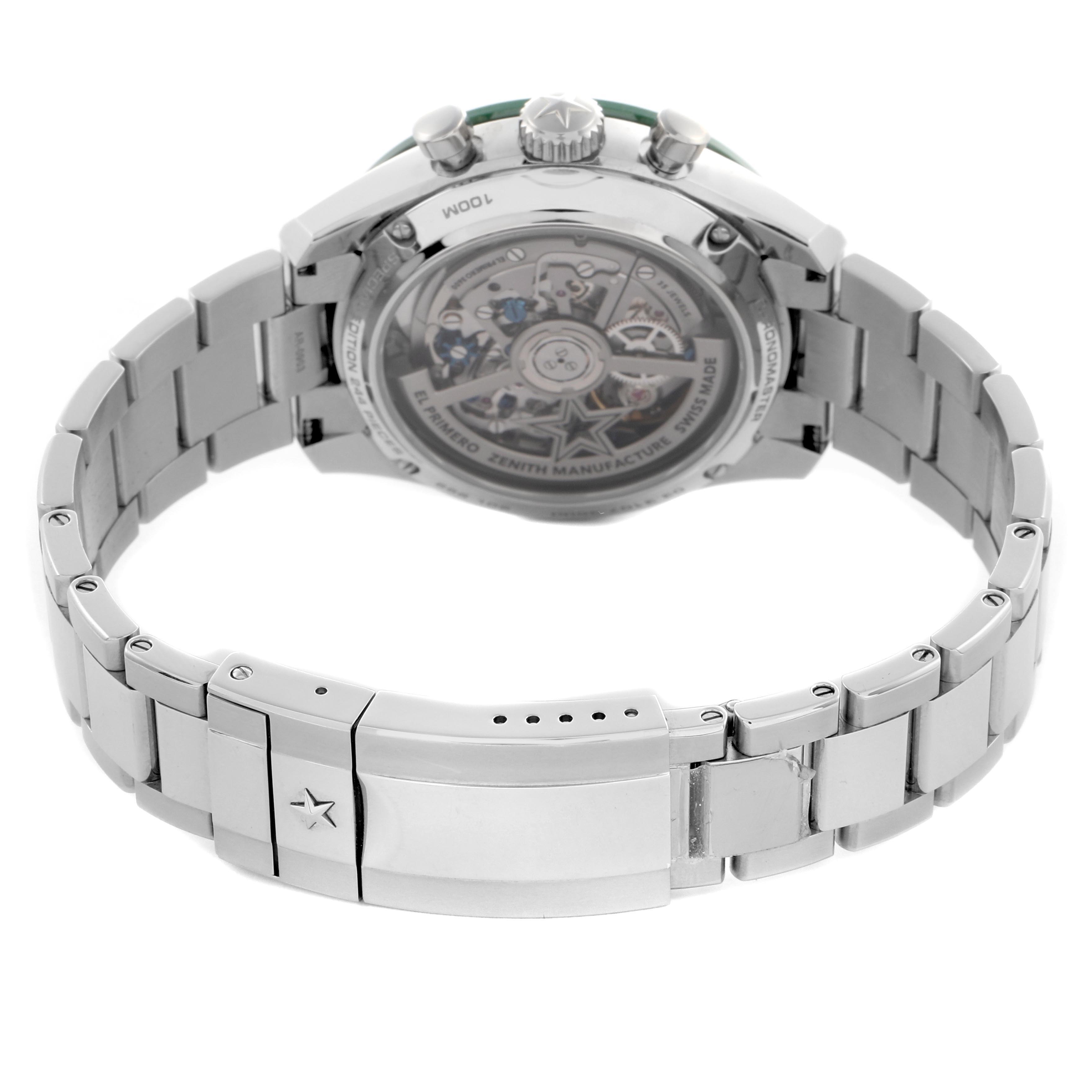 The Zenith Chronomaster 03.3107.3600/56.M3100 Men
s Stainless Steel Green Dial 03.3107.3600/56.M3100 Men
s Stainless Steel Green Dial watch is shown from the back, displaying its case back and bracelet clasp.