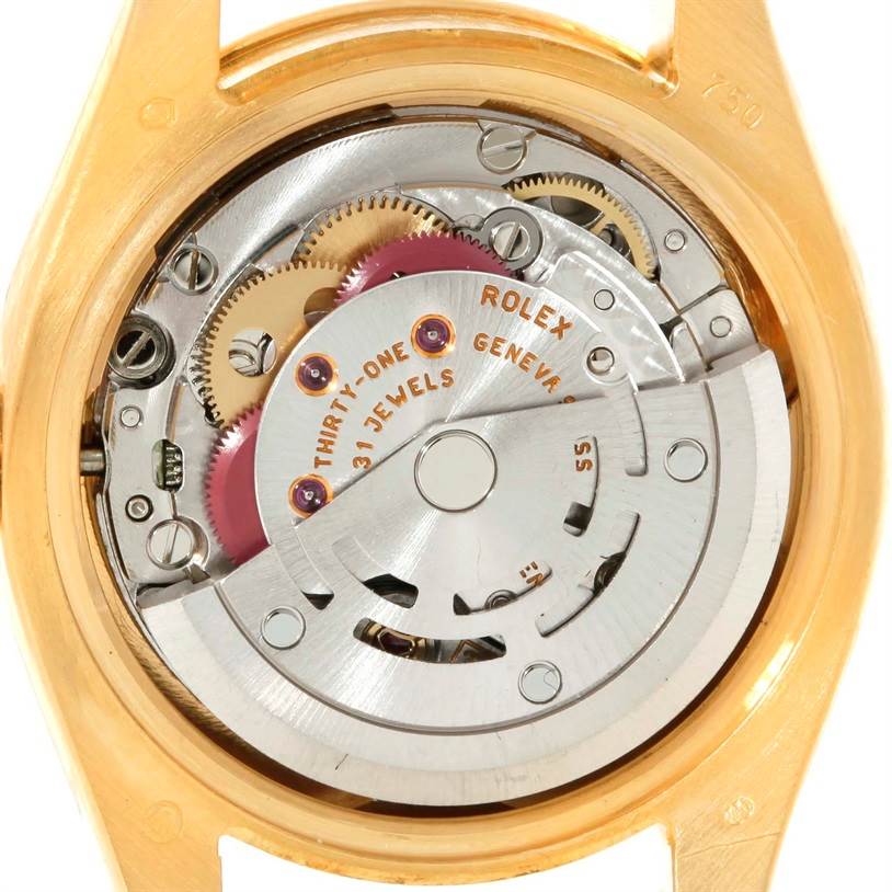 This image shows the back view of the Rolex President 179138 Women's Yellow Gold Mother of Pearl Dial 179138 Women's Yellow Gold Mother of Pearl Dial model watch, revealing its intricate internal mechanisms and movement components.