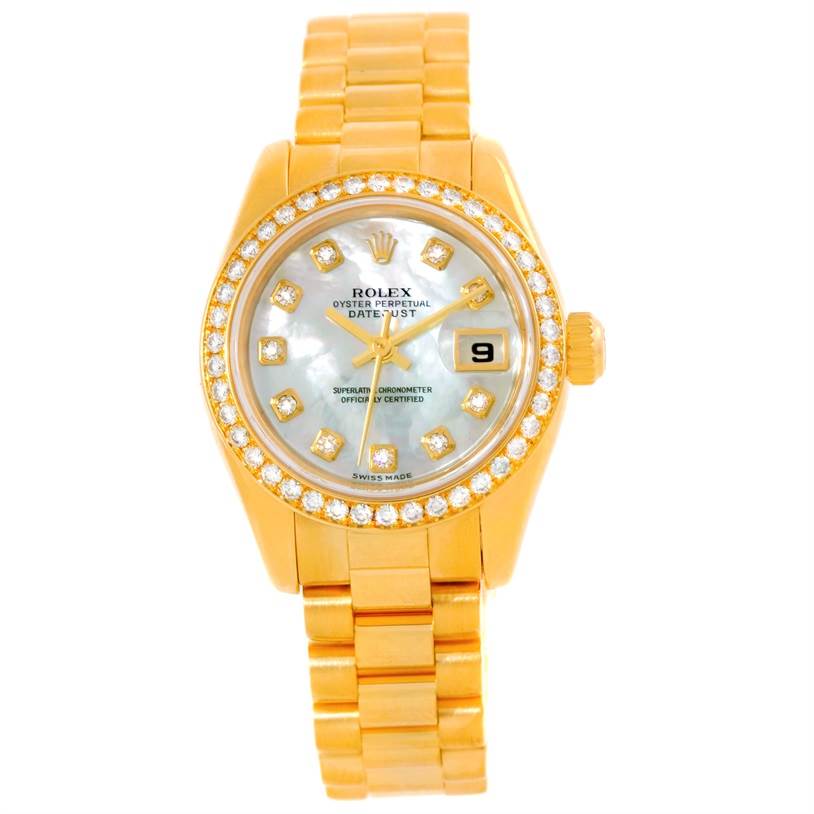 The image shows a frontal view of a Rolex President 179138 Women's Yellow Gold Mother of Pearl Dial 179138 Women's Yellow Gold Mother of Pearl Dial model watch, highlighting its gold band, diamond bezel, and date display.