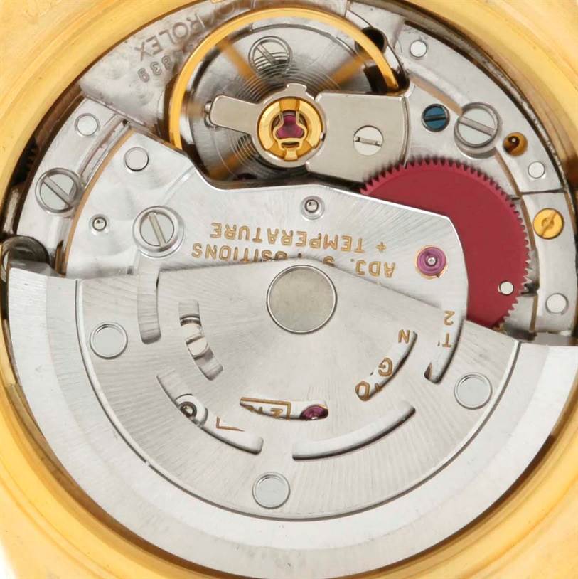 This image shows the internal movement and mechanism of a Rolex President 69178 Women's Yellow Gold Blue Dial 69178 Women's Yellow Gold Blue Dial model watch, viewed from the back.