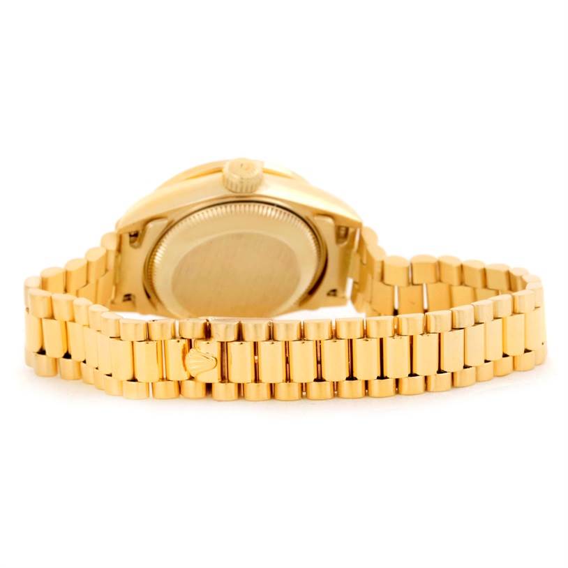 The image shows the back and bracelet of a Rolex President 69178 Women's Yellow Gold Blue Dial 69178 Women's Yellow Gold Blue Dial model watch, viewed from a rear angle.