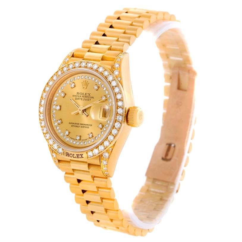The image shows a Rolex President 69158 Women's Yellow Gold Champagne Dial 69158 Women's Yellow Gold Champagne Dial model watch at an angled view, highlighting the face, bezel, and bracelet.