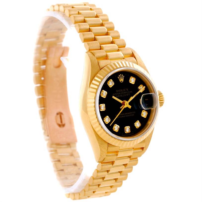 The image shows a Rolex President 69178 Women's Yellow Gold Black Dial 69178 Women's Yellow Gold Black Dial model watch at a slight angle, highlighting its gold bracelet, black dial, and diamond indices.
