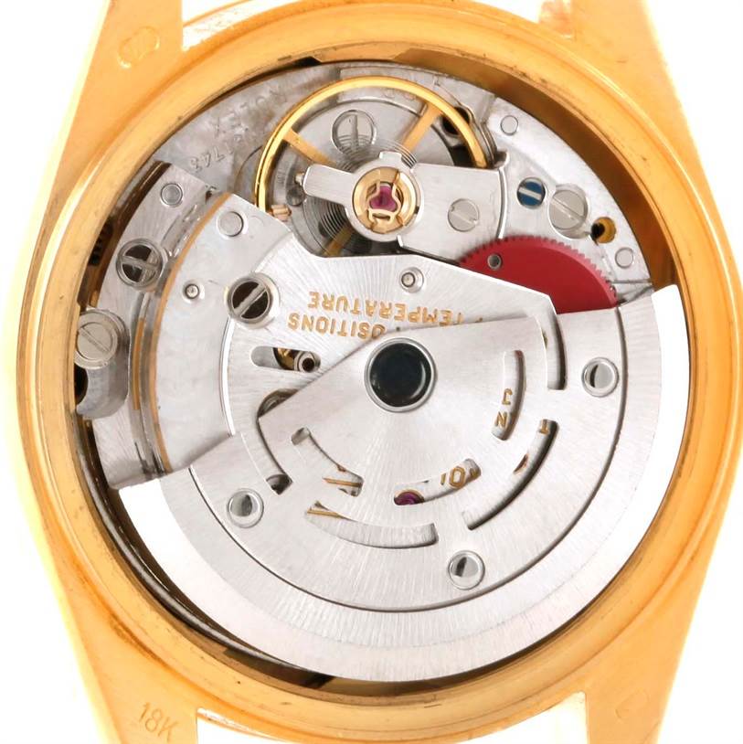 This image shows the internal mechanical movement of a Rolex President 69178 Women's Yellow Gold Black Dial 69178 Women's Yellow Gold Black Dial model watch from a close-up top view.