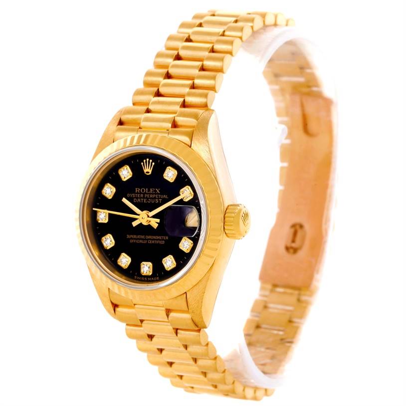 The Rolex President 69178 Women's Yellow Gold Black Dial 69178 Women's Yellow Gold Black Dial model watch is shown at an angle displaying the black dial, gold bracelet, and diamond hour markers.