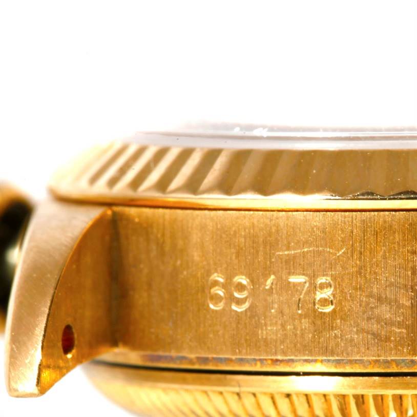This image shows a close-up side view of the case and lug of the Rolex President 69178 Women's Yellow Gold Brown Dial 69178 Women's Yellow Gold Brown Dial model, with the model number 69178 engraved.