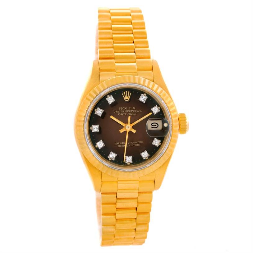 The image shows a Rolex President 69178 Women's Yellow Gold Brown Dial 69178 Women's Yellow Gold Brown Dial model watch from a front view, showcasing the dial, hands, date window, and bracelet.