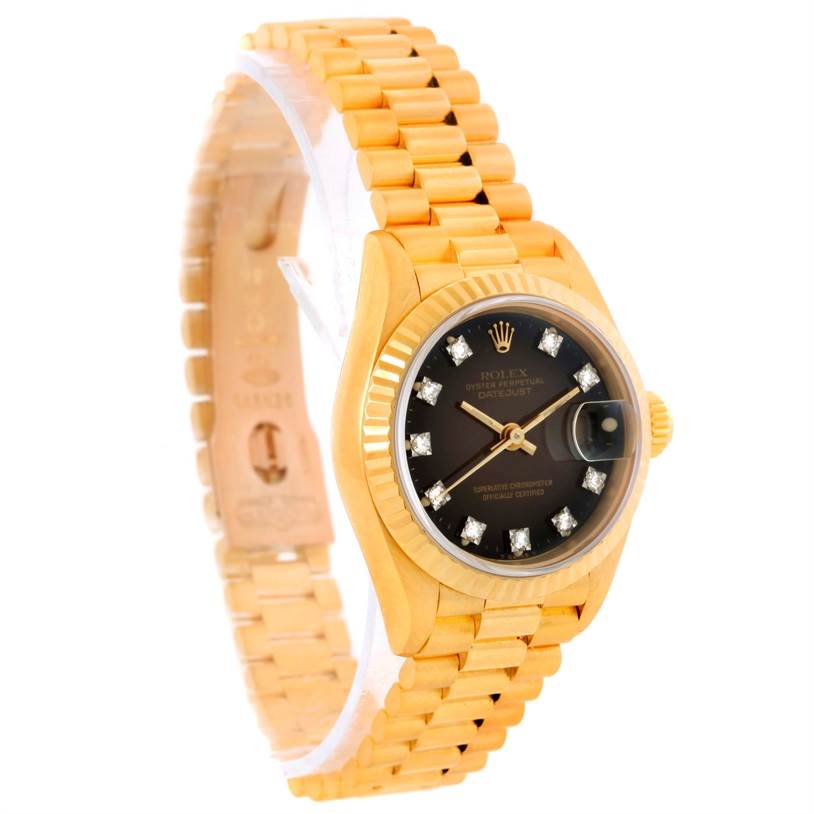 The image shows a Rolex President 69178 Women's Yellow Gold Brown Dial 69178 Women's Yellow Gold Brown Dial model watch at a three-quarter angle, highlighting the bracelet, black diamond-studded dial, and bezel.