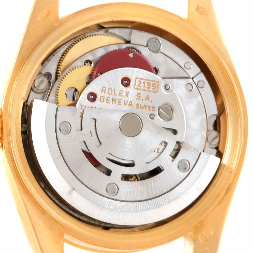 This image shows the inner movement mechanism of a Rolex President 69178 Women's Yellow Gold Brown Dial 69178 Women's Yellow Gold Brown Dial model watch from a rear angle.
