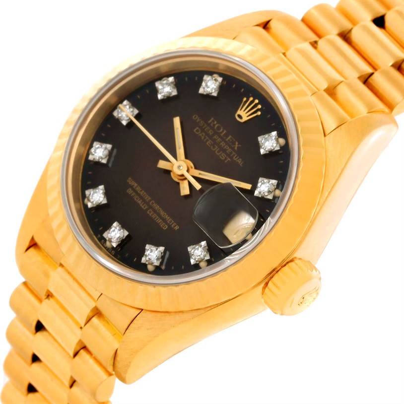 This Rolex President 69178 Women's Yellow Gold Brown Dial 69178 Women's Yellow Gold Brown Dial watch is shown at an angled view, displaying the face, bezel, crown, and part of the bracelet.