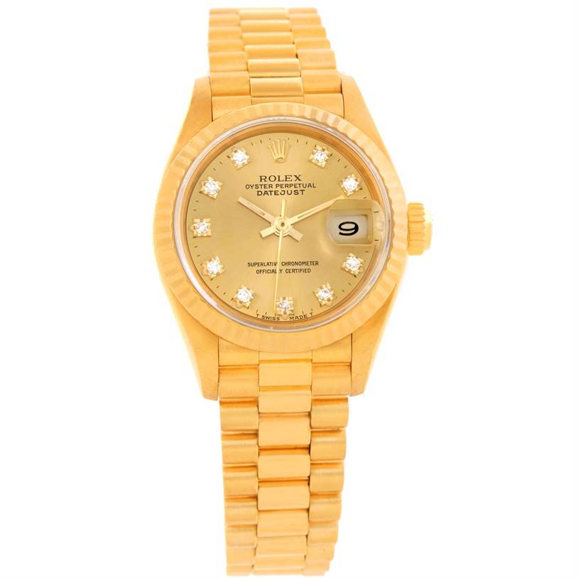 The image shows a front view of the Rolex President 69178 Women's Yellow Gold Champagne Dial 69178 Women's Yellow Gold Champagne Dial model watch, displaying its face, bracelet, and date window.