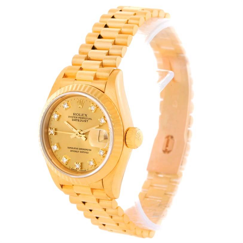 The image shows a side-angle view of the Rolex President 69178 Women's Yellow Gold Champagne Dial 69178 Women's Yellow Gold Champagne Dial model watch, displaying the dial, bezel, crown, and bracelet.