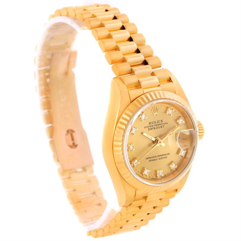 The image shows a Rolex President 69178 Women's Yellow Gold Champagne Dial 69178 Women's Yellow Gold Champagne Dial model watch at a three-quarter angle, highlighting its gold bracelet, dial, and case.