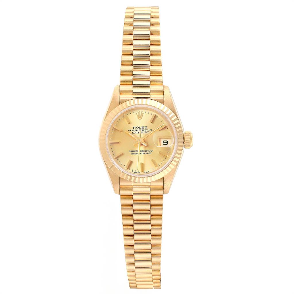 The image shows a front view of a gold Rolex President 69178 Women's Yellow Gold Champagne Dial 69178 Women's Yellow Gold Champagne Dial model watch, featuring the dial, bezel, bracelet, and crown.