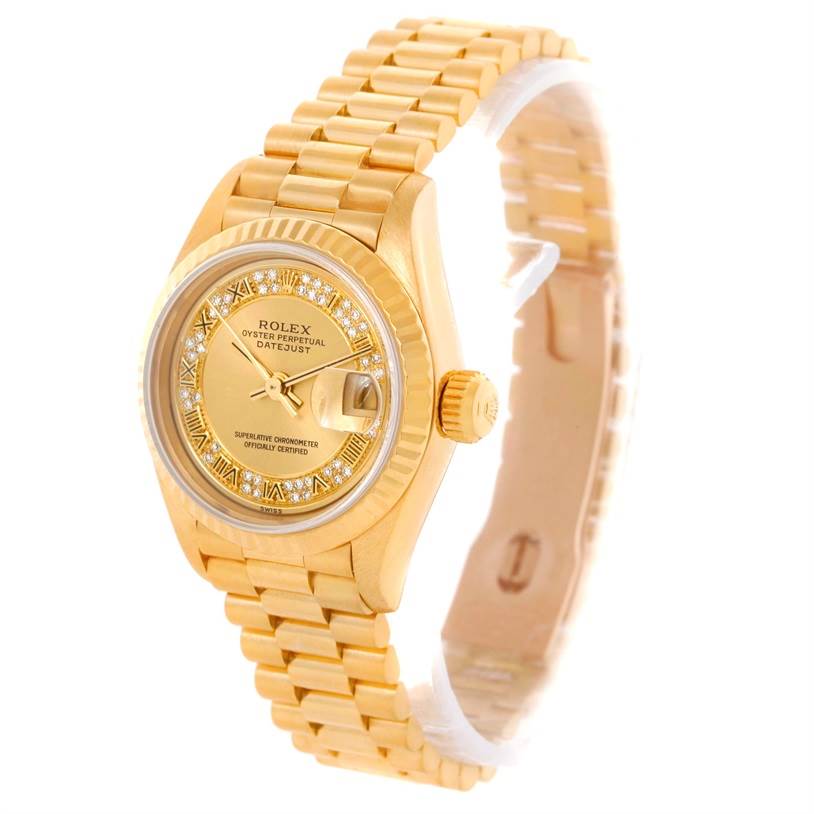 This image shows a Rolex President 69178 Women's Yellow Gold Champagne Dial 69178 Women's Yellow Gold Champagne Dial model watch at an angled view, highlighting the face, bezel, crown, and part of the bracelet.