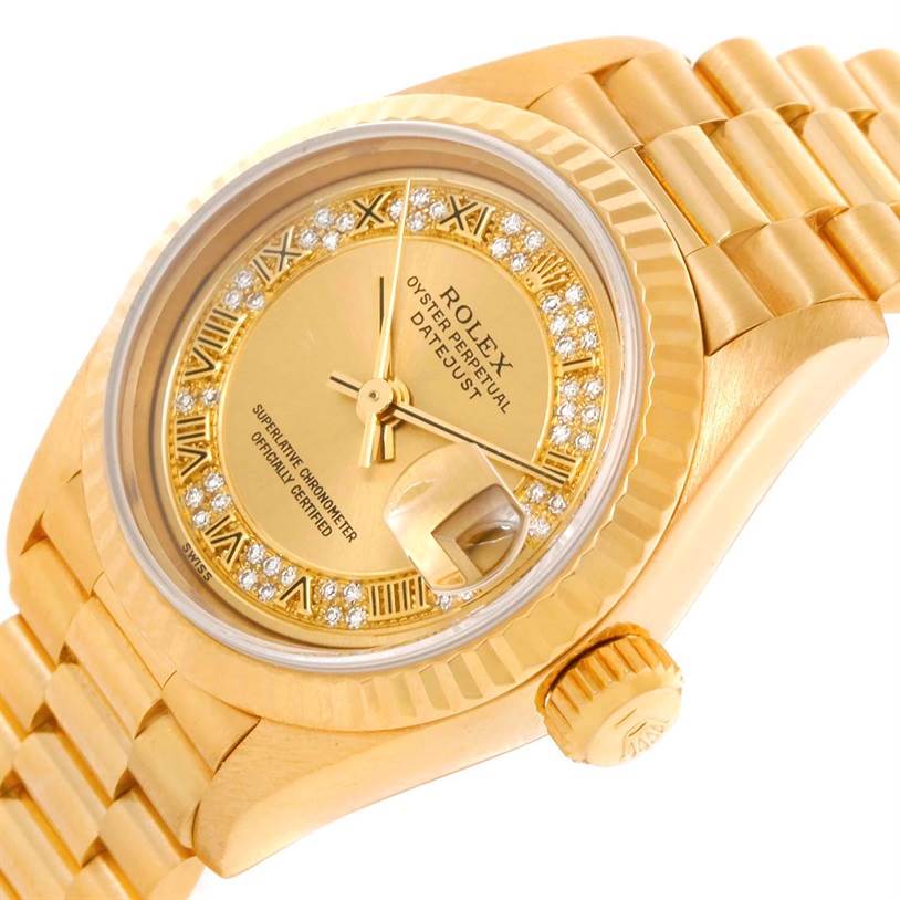 The image shows a close-up angle of a Rolex President 69178 Women's Yellow Gold Champagne Dial 69178 Women's Yellow Gold Champagne Dial model watch, highlighting its dial, bezel, crown, and bracelet.