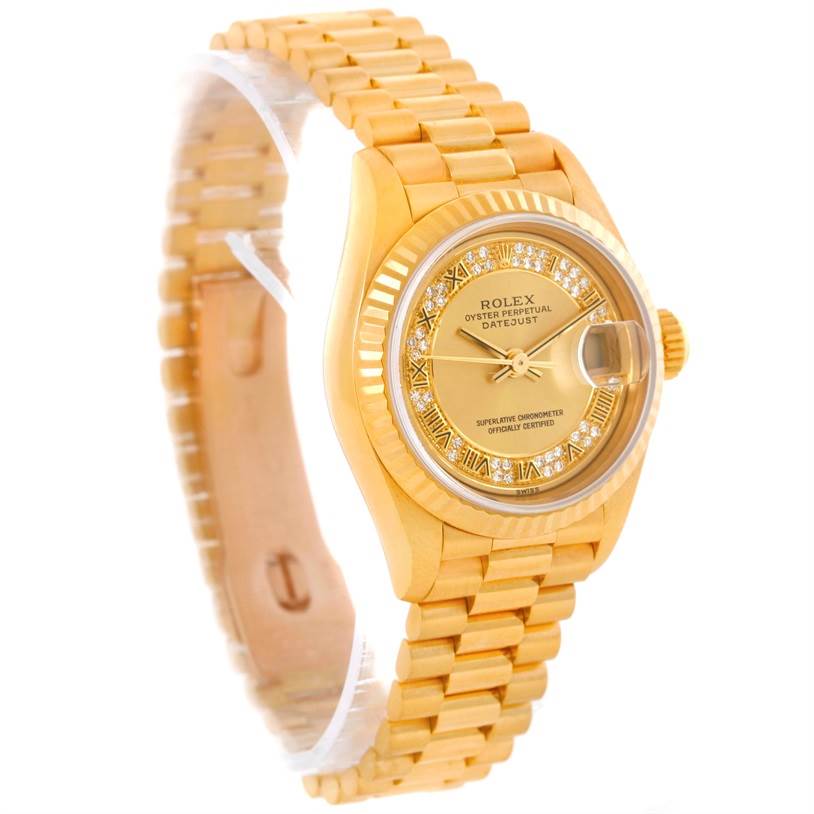 The image shows a side-front angle of a Rolex President 69178 Women's Yellow Gold Champagne Dial 69178 Women's Yellow Gold Champagne Dial model watch, highlighting its band, bezel, and face.