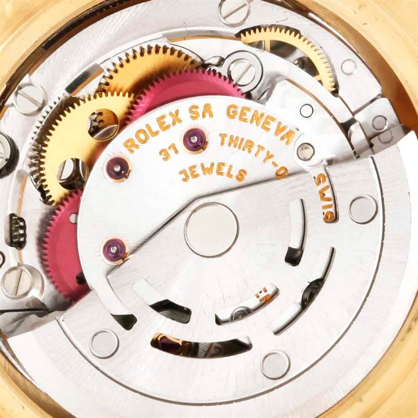 This close-up image shows the internal mechanical movement of a Rolex President 79068 Women's Yellow Gold Mother of Pearl Dial 79068 Women's Yellow Gold Mother of Pearl Dial model watch.