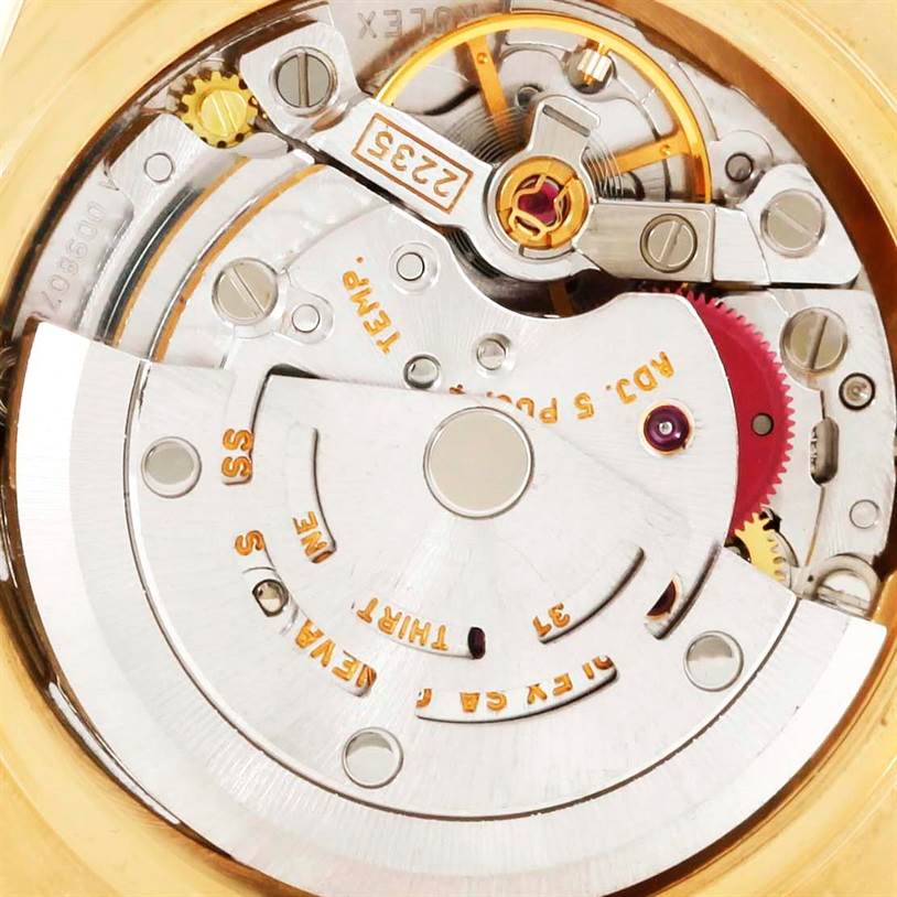 The image shows a close-up view of the movement and internal mechanism of a Rolex President 79068 Women's Yellow Gold Mother of Pearl Dial 79068 Women's Yellow Gold Mother of Pearl Dial model watch.