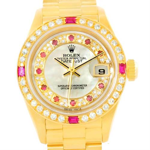 Photo of Rolex President Ladies Yellow Gold Myriad Diamonds Rubies Watch 79068